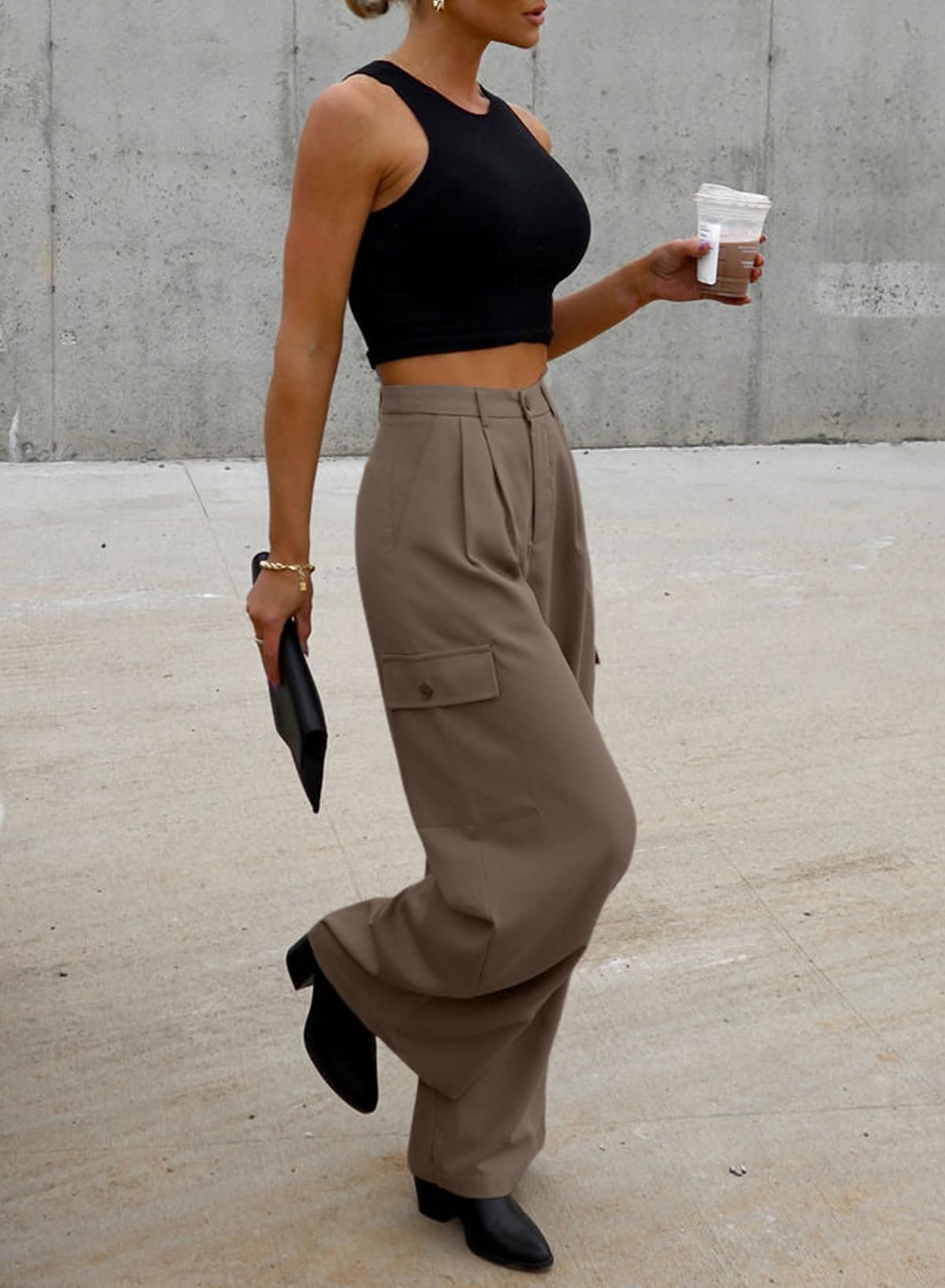 Foto 4 pulgar | Pantalones Cargo Dokotoo, Vestido De Trabajo Para Mujer, Pierna Ancha, Marrón Oscuro - Venta Internacional.