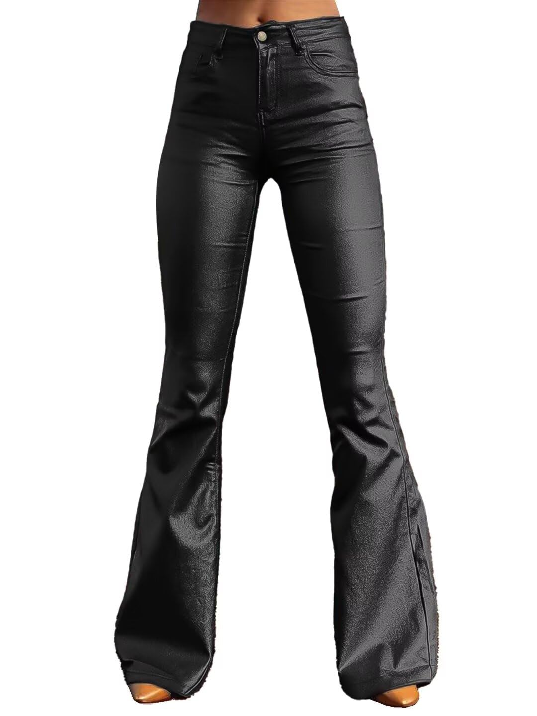 Pantalones Flamingals Bootcut De Piel Sintética De Cintura Alta Negros Para Mujer - Venta Internacional.