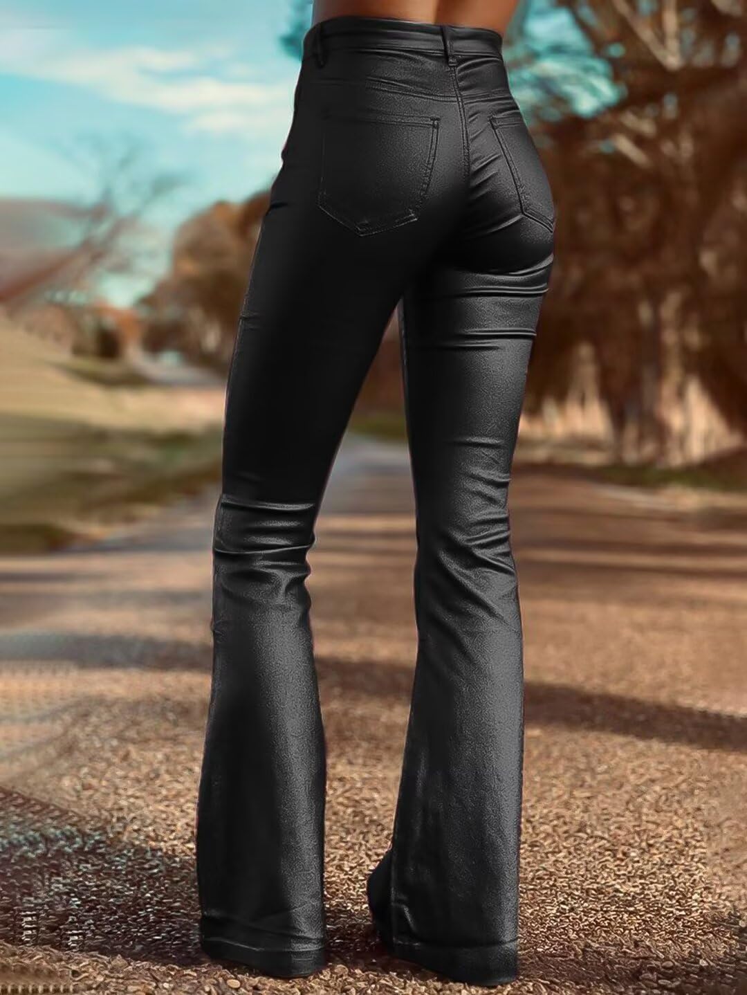 Foto 3 pulgar | Pantalones Flamingals Bootcut De Piel Sintética De Cintura Alta Negros Para Mujer - Venta Internacional.