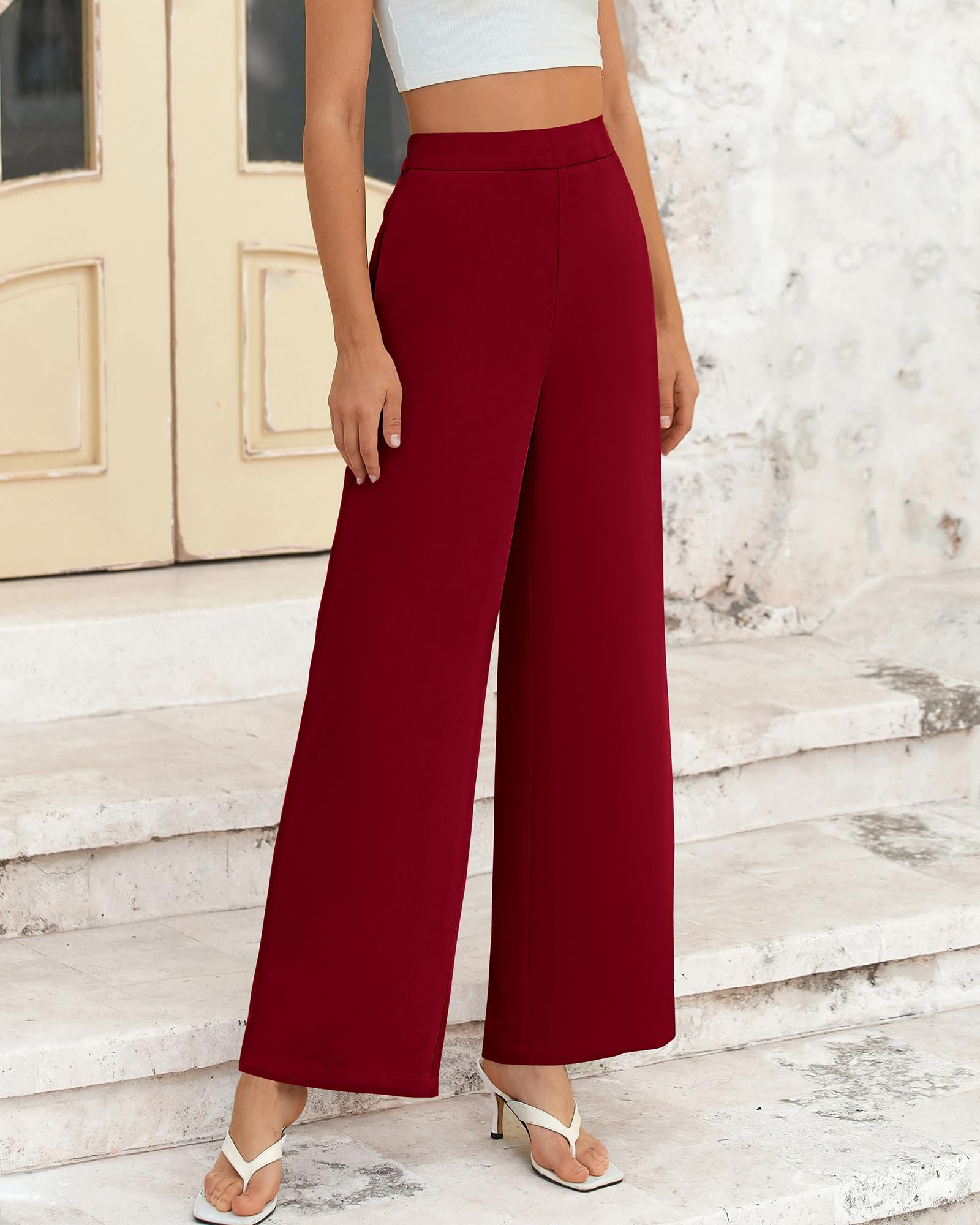 Foto 3 pulgar | Pantalones De Pierna Ancha Btfbm Para Mujer, Elásticos, Cintura Alta, Color Rojo Vino - Venta Internacional.