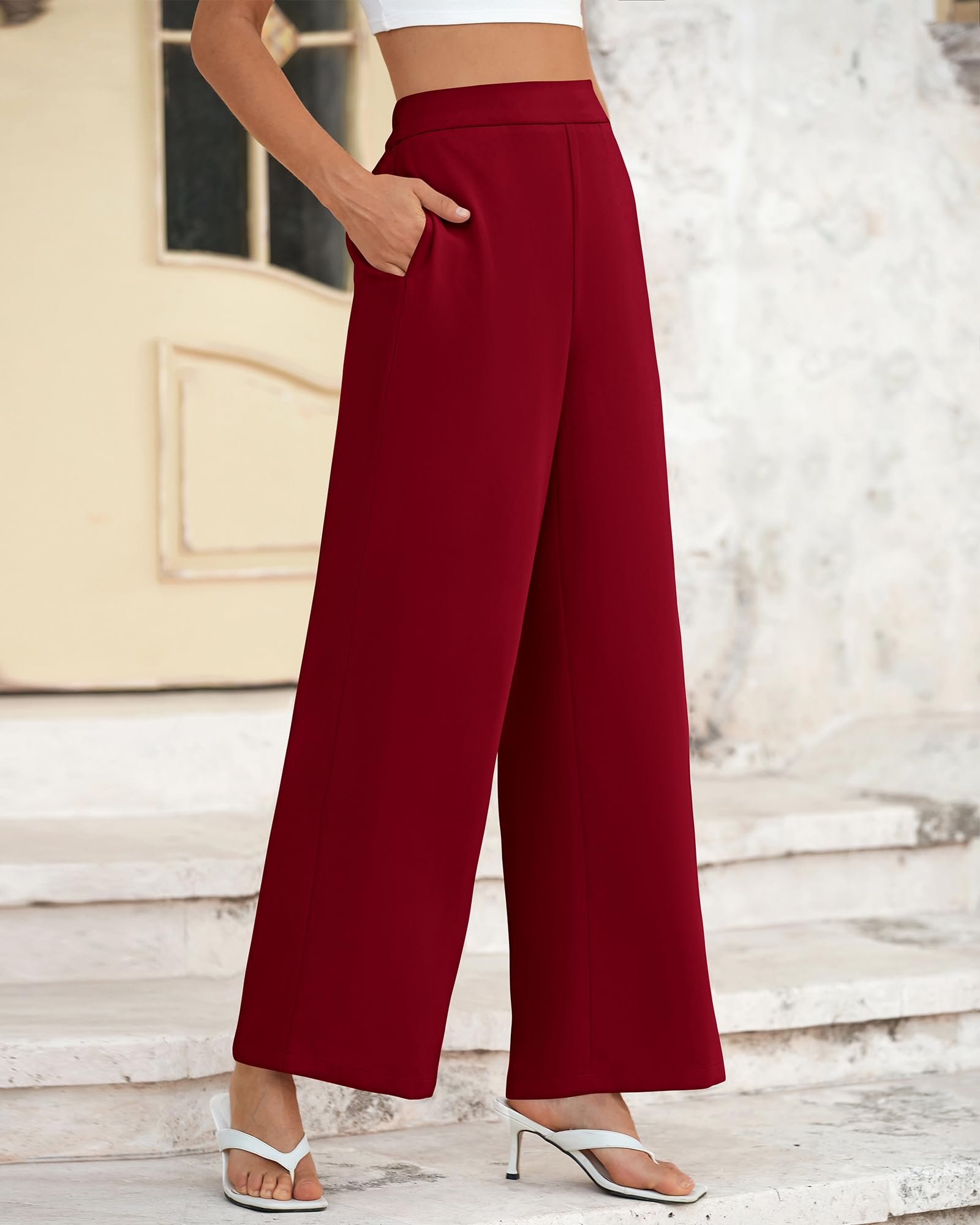 Foto 6 pulgar | Pantalones De Pierna Ancha Btfbm Para Mujer, Elásticos, Cintura Alta, Color Rojo Vino - Venta Internacional.
