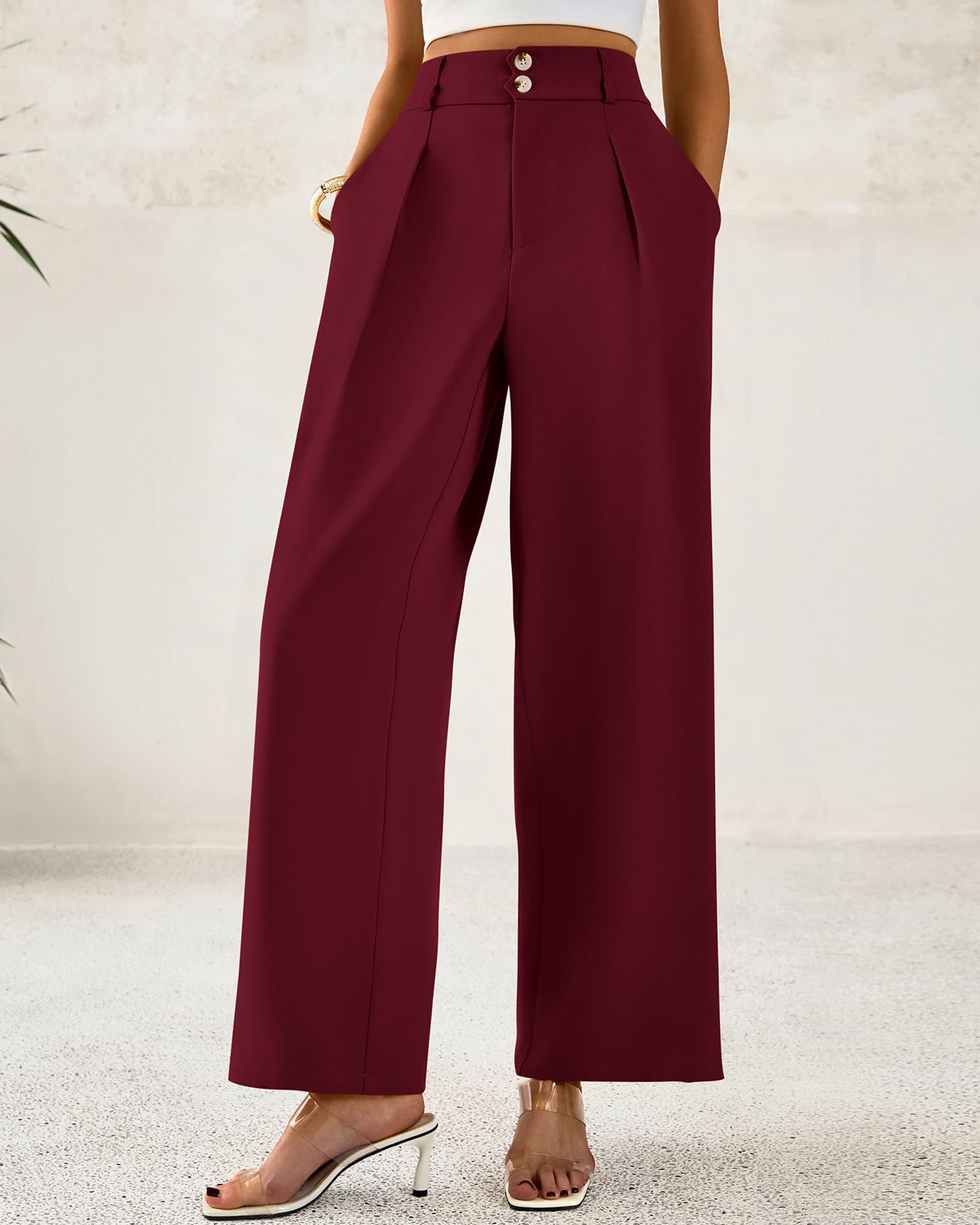 Foto 5 pulgar | Pantalones De Vestir De Pierna Ancha Btfbm 2025 De Cintura Alta Para Mujer, Color Rojo Vino - Venta Internacional.