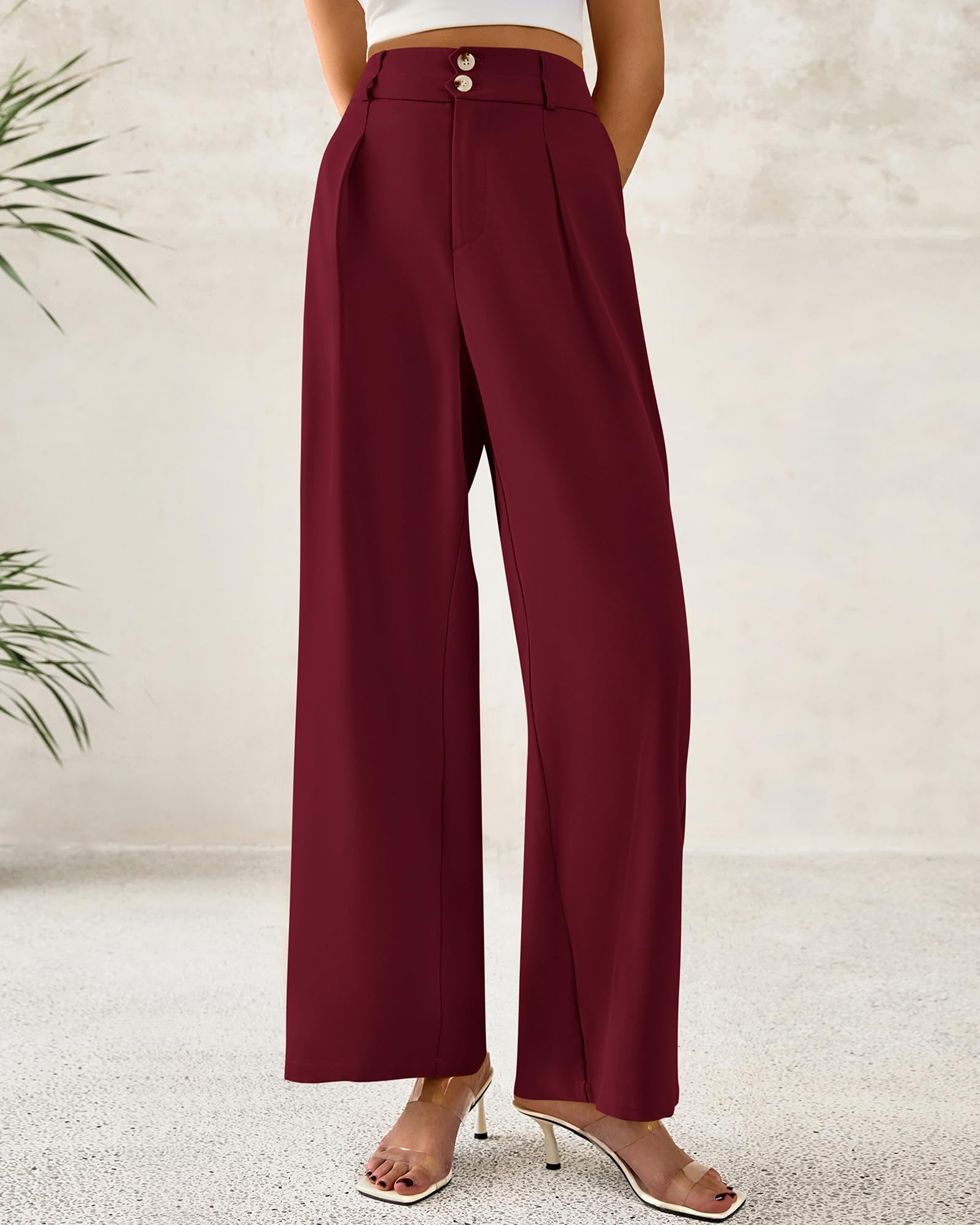 Foto 6 pulgar | Pantalones De Vestir De Pierna Ancha Btfbm 2025 De Cintura Alta Para Mujer, Color Rojo Vino - Venta Internacional.
