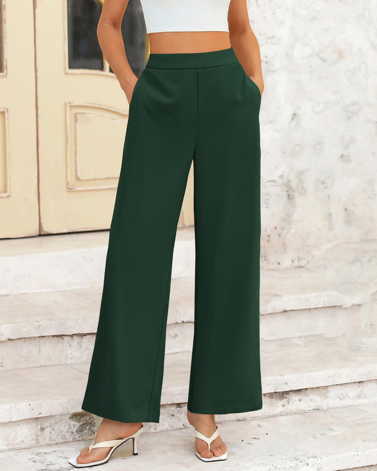 Foto 4 pulgar | Pantalones De Pierna Ancha Btfbm Para Mujer, Elásticos, Cintura Alta, Color Verde Palazzo - Venta Internacional.