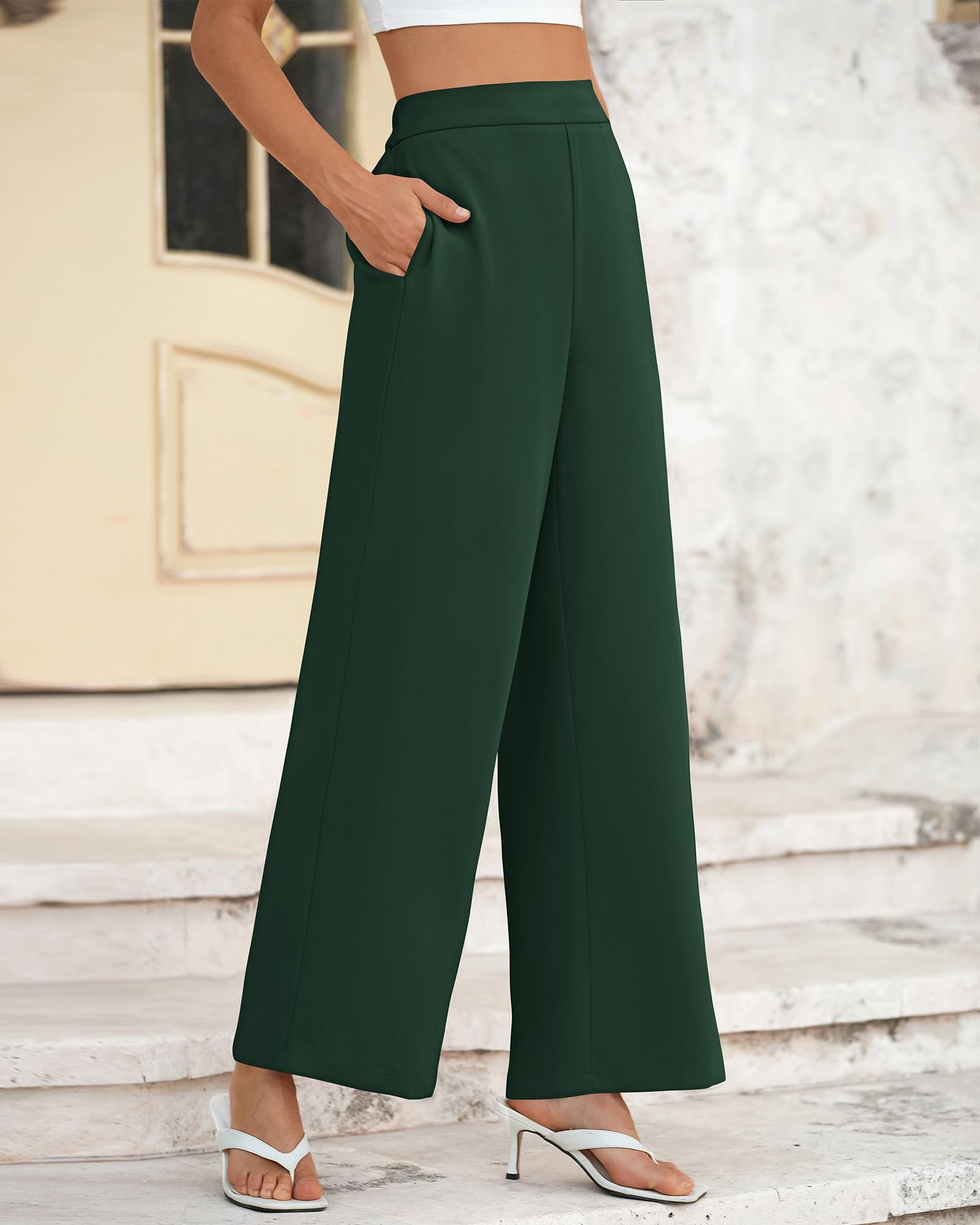 Foto 6 pulgar | Pantalones De Pierna Ancha Btfbm Para Mujer, Elásticos, Cintura Alta, Color Verde Palazzo - Venta Internacional.