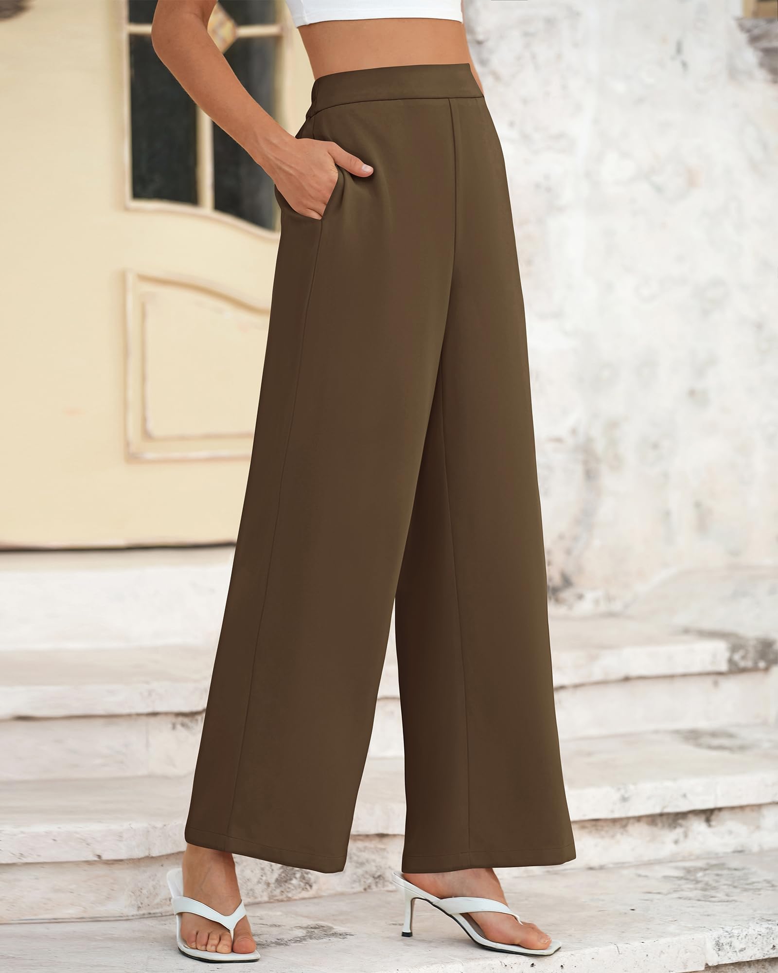 Foto 6 pulgar | Pantalones De Pierna Ancha Btfbm Para Mujer, Elásticos, Cintura Alta, Palazzo Coffee - Venta Internacional.