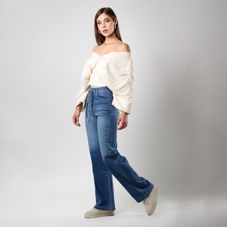 Foto 3 | Jeans Mujer Tiro Alto Corte Recto Stretch Cintura Con
