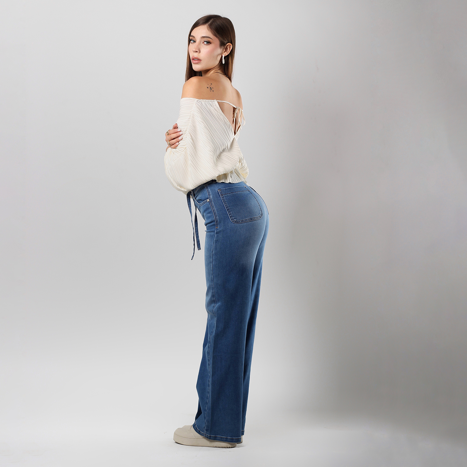 Foto 5 pulgar | Jeans Mujer Tiro Alto Corte Recto Stretch Cintura Con