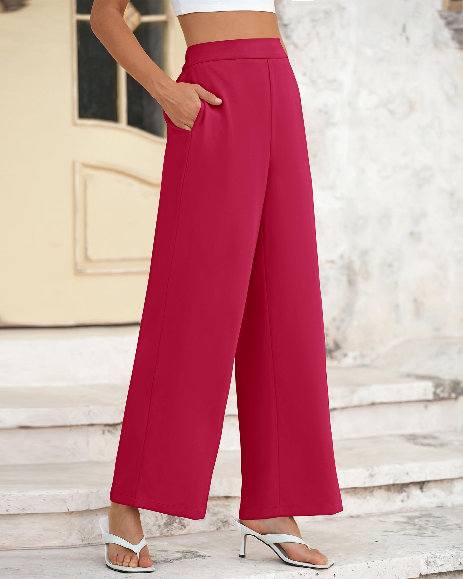 Foto 6 pulgar | Pantalones Anchos Btfbm Para Mujer, Elásticos, Cintura Alta, Color Rojo Palazzo - Venta Internacional.