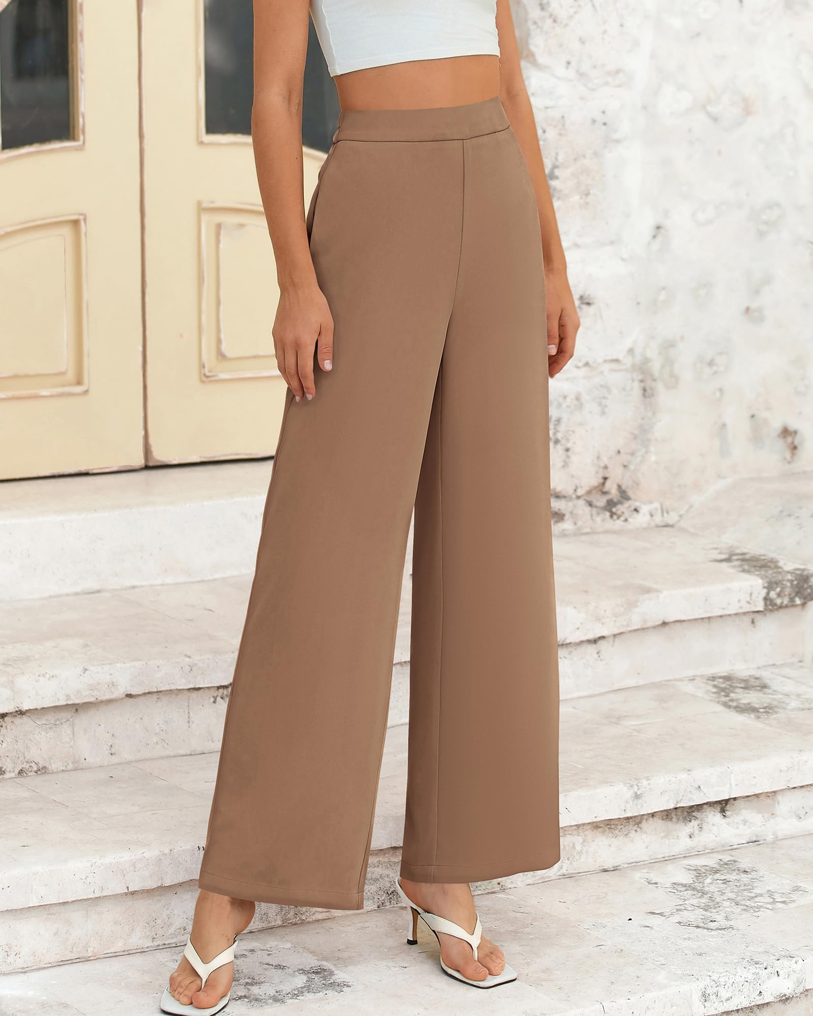 Foto 3 pulgar | Pantalones De Pierna Ancha Btfbm Para Mujer, Elásticos, Cintura Alta, Color Caqui - Venta Internacional.