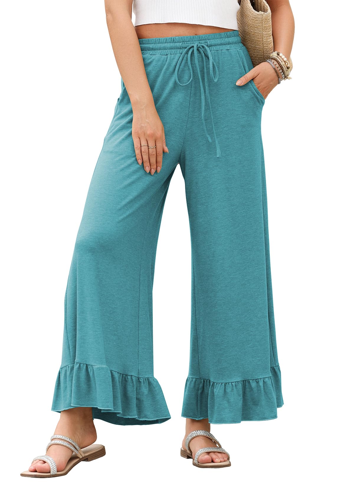 Foto 1 | Pantalones Anchos Evaless, Elásticos, Cintura Alta, Casuales, Turquesa - Venta Internacional.