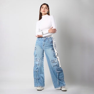 Foto 1 | Pantalón Cargo Mujer Mezclilla Tiro Alto Pierna Ancha