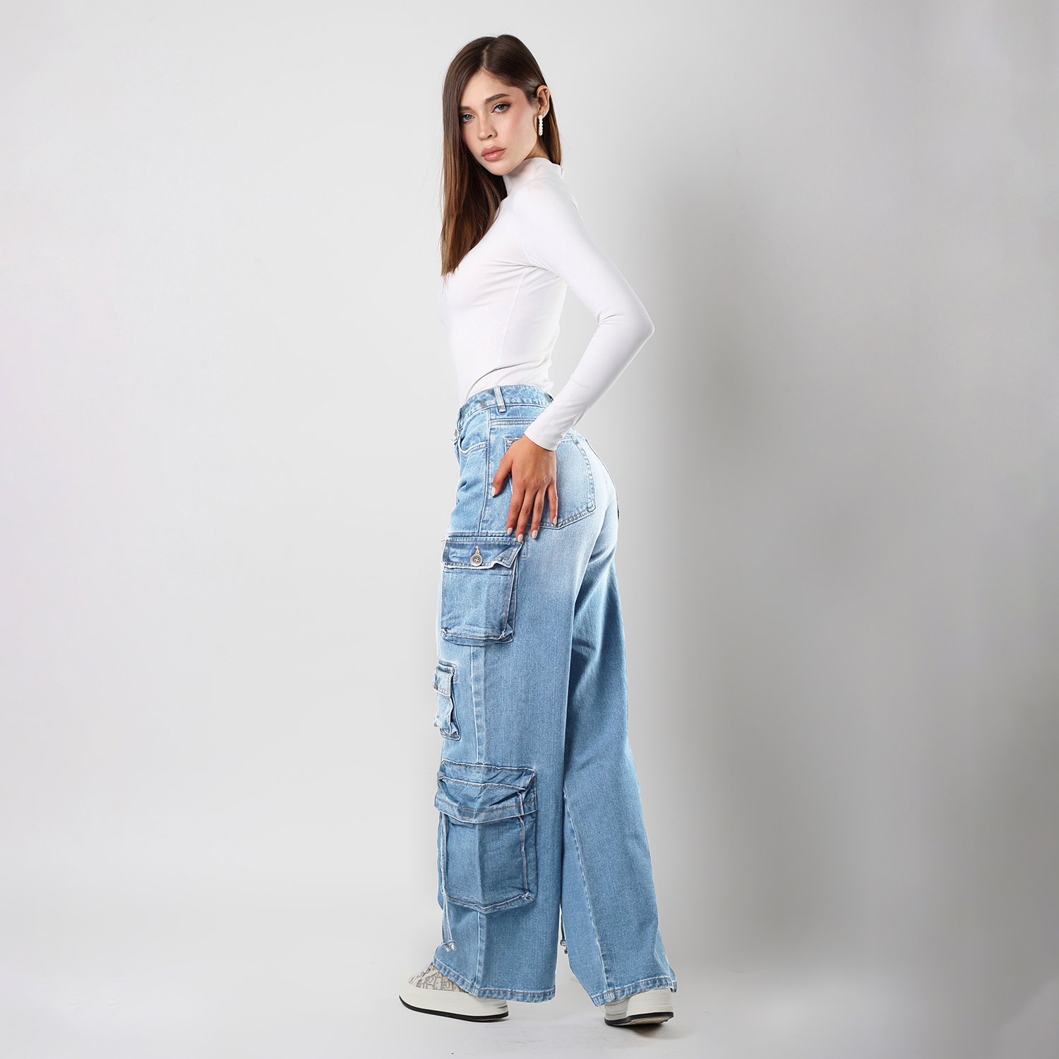 Foto 4 | Pantalón Cargo Mujer Mezclilla Tiro Alto Pierna Ancha