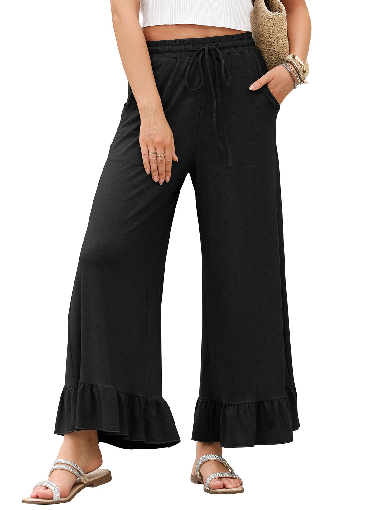 Foto 1 | Pantalones Palazzo Evaless De Cintura Alta Y Pierna Ancha Negros Para Mujer - Venta Internacional.