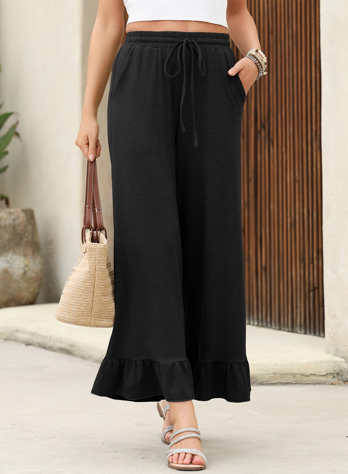 Foto 3 pulgar | Pantalones Palazzo Evaless De Cintura Alta Y Pierna Ancha Negros Para Mujer - Venta Internacional.