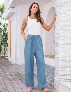 Foto 5 | Pantalones Palazzo Grace Karin Elásticos De Cintura Alta, Color Azul Claro, L, Mujer - Venta Internacional.