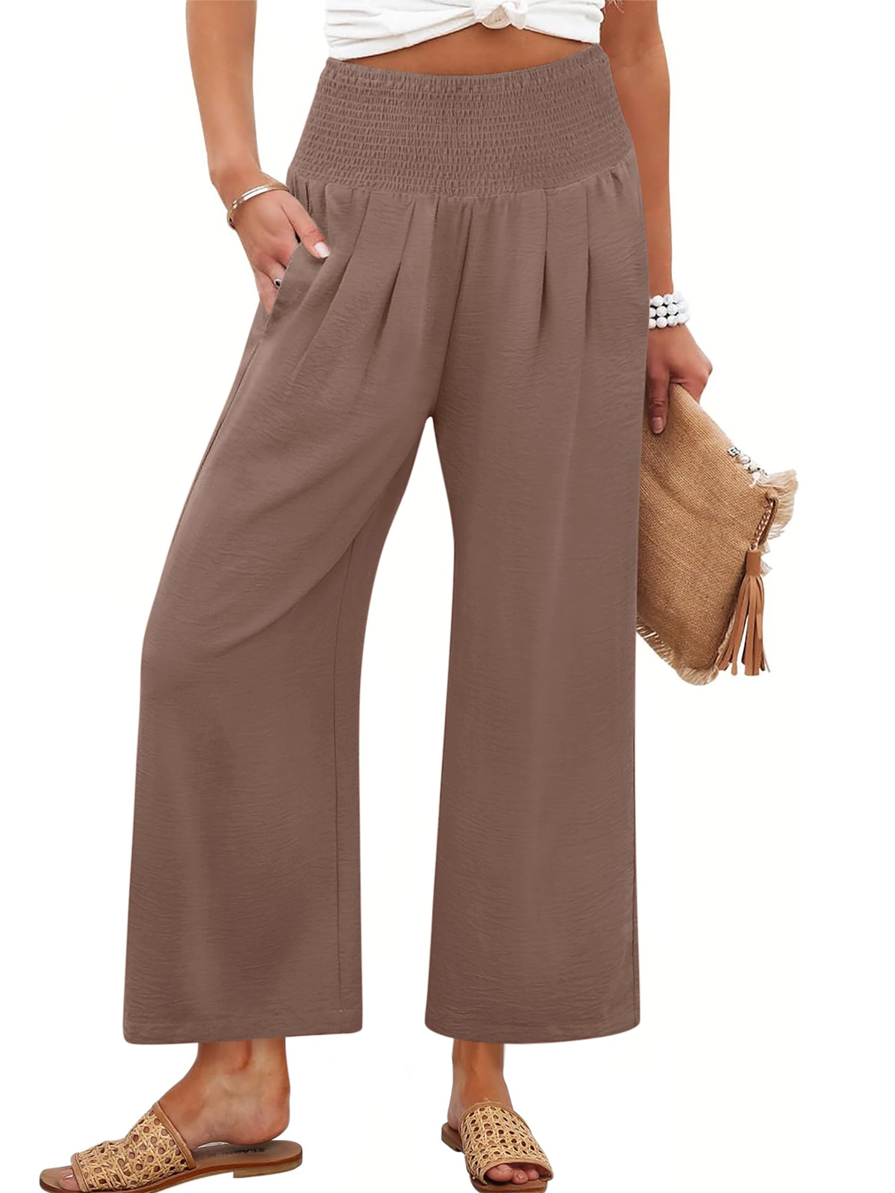 Pantalones Palazzo Anrabess Para Mujer, Pierna Ancha, Cintura Alta, Color Café - Venta Internacional.