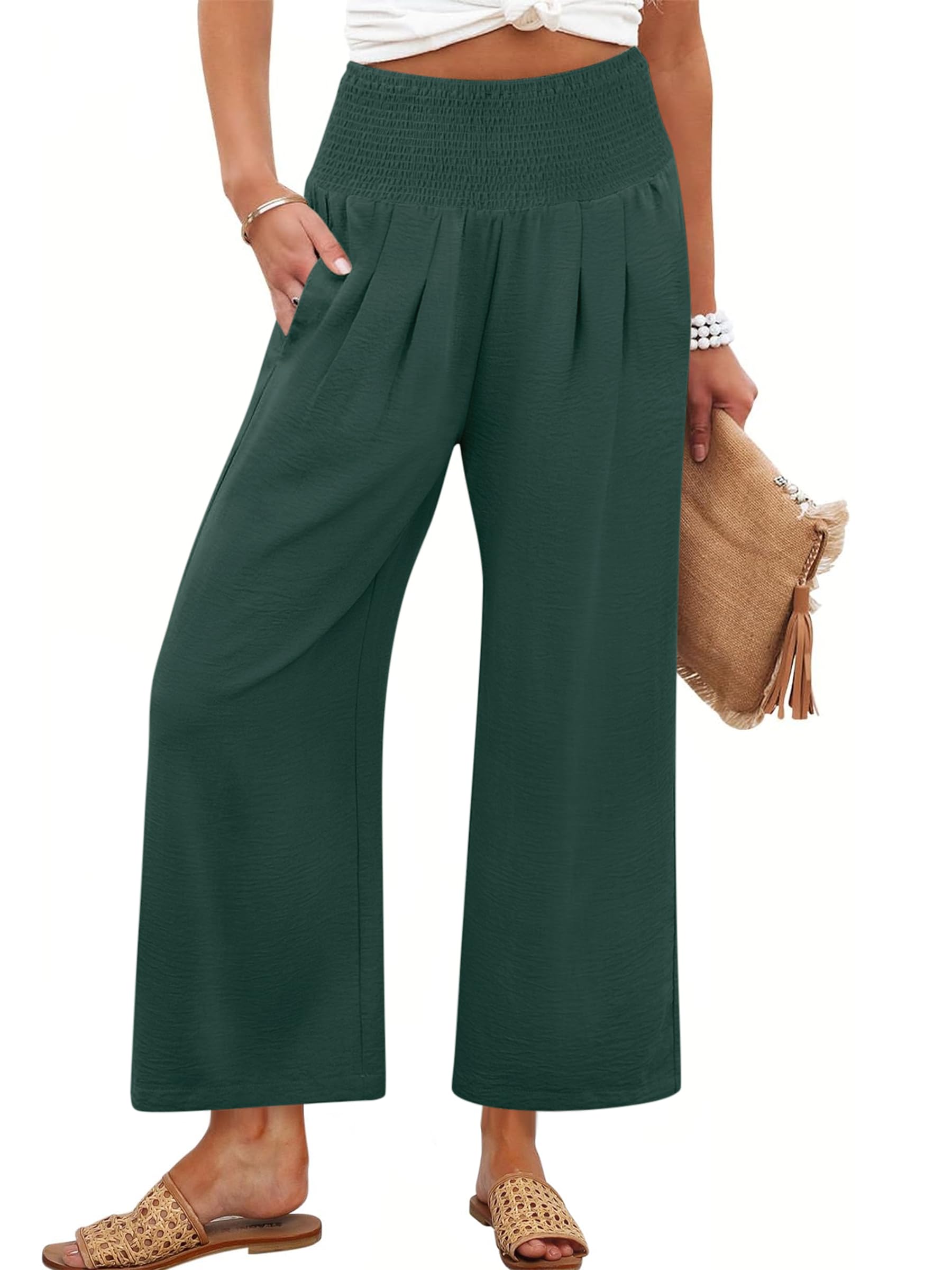 Pantalones Palazzo Anrabess Para Mujer, Cintura Alta, Pierna Ancha, Verde Oscuro - Venta Internacional.