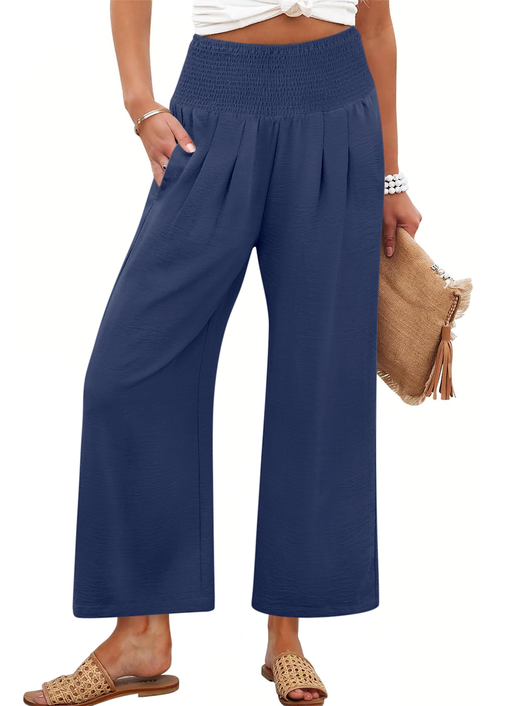 Foto 2 pulgar | Pantalones Palazzo Anrabess Para Mujer, Pierna Ancha, Cintura Alta, Azul Marino - Venta Internacional.