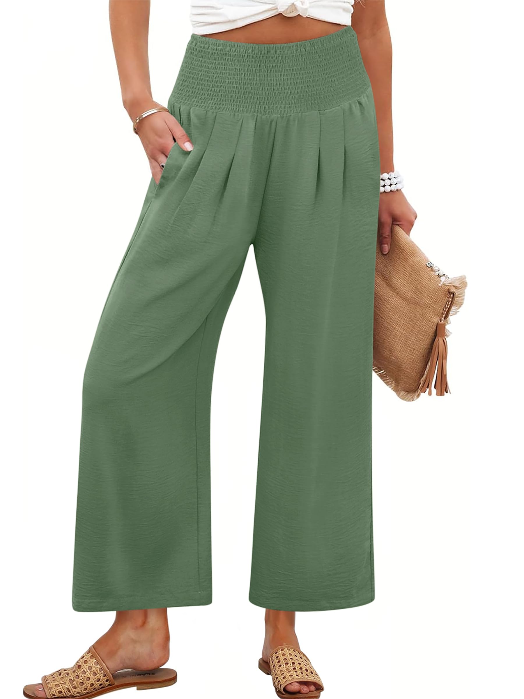 Foto 2 pulgar | Pantalones Palazzo Anrabess Para Mujer, Cintura Alta, Pierna Ancha, Verde Militar - Venta Internacional.