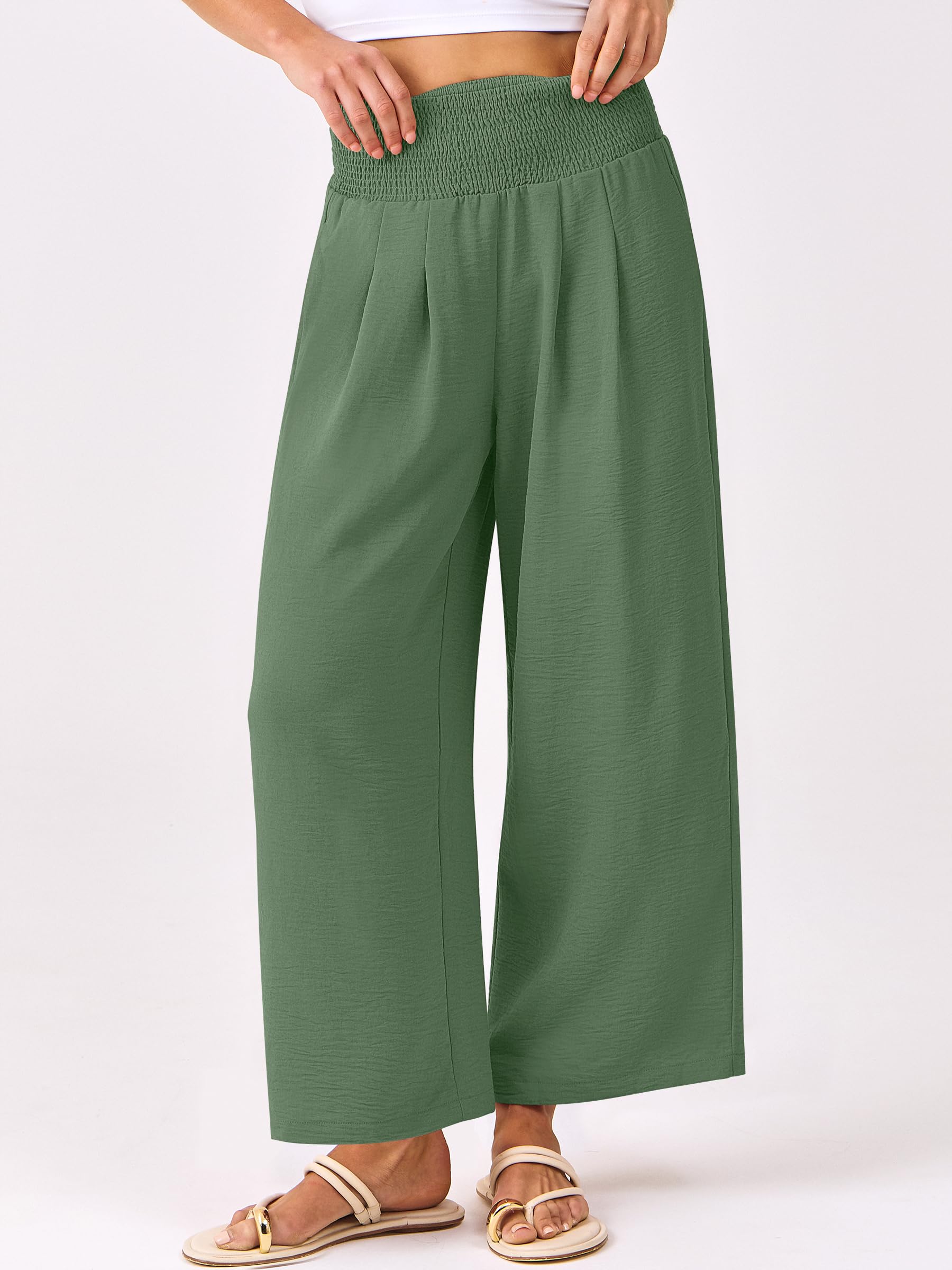 Foto 3 pulgar | Pantalones Palazzo Anrabess Para Mujer, Cintura Alta, Pierna Ancha, Verde Militar - Venta Internacional.