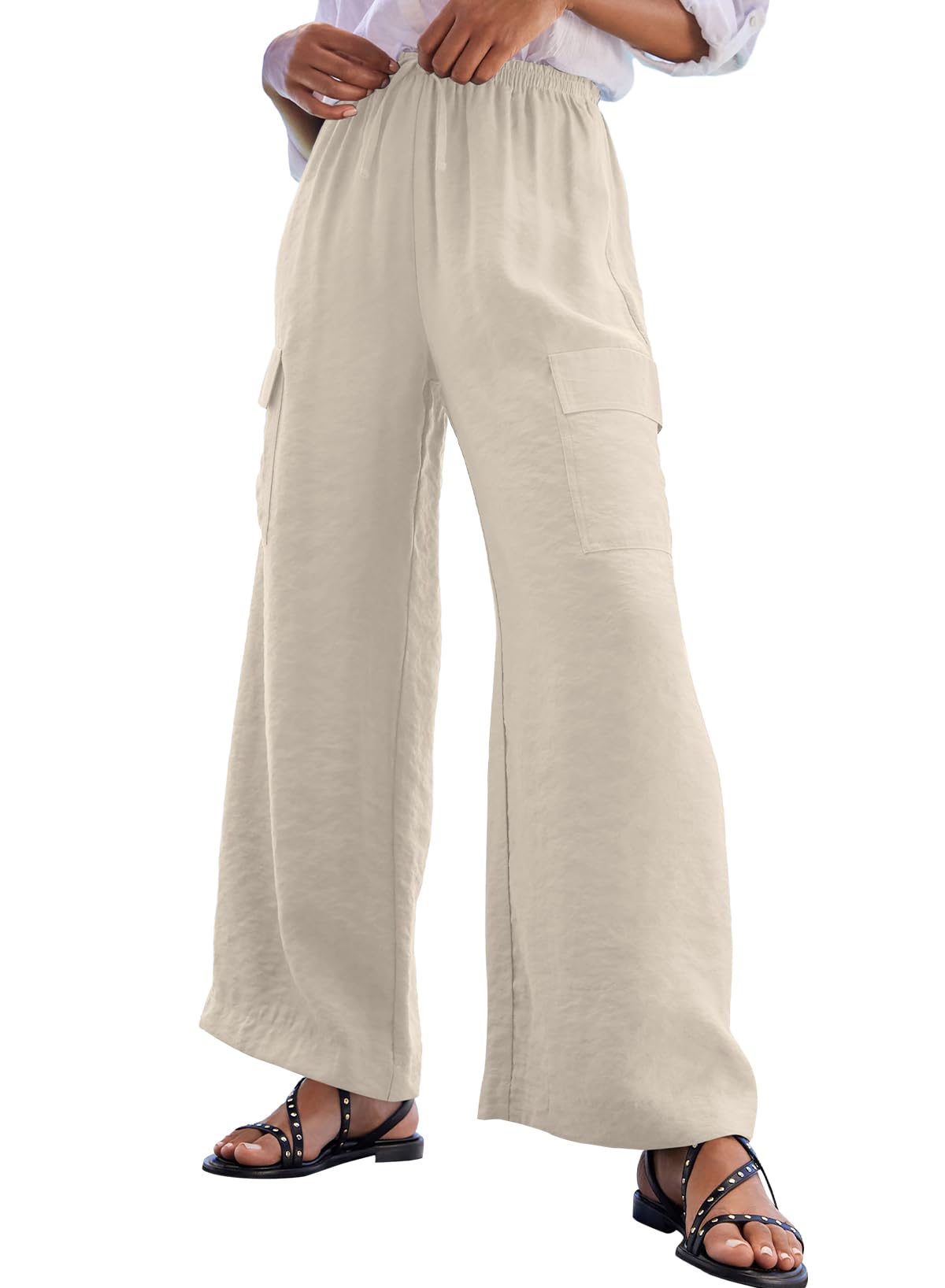 Foto 2 pulgar | Pantalones Evaless Flowy Para Mujer, Casual, Cintura Alta, Color Beige - Venta Internacional.