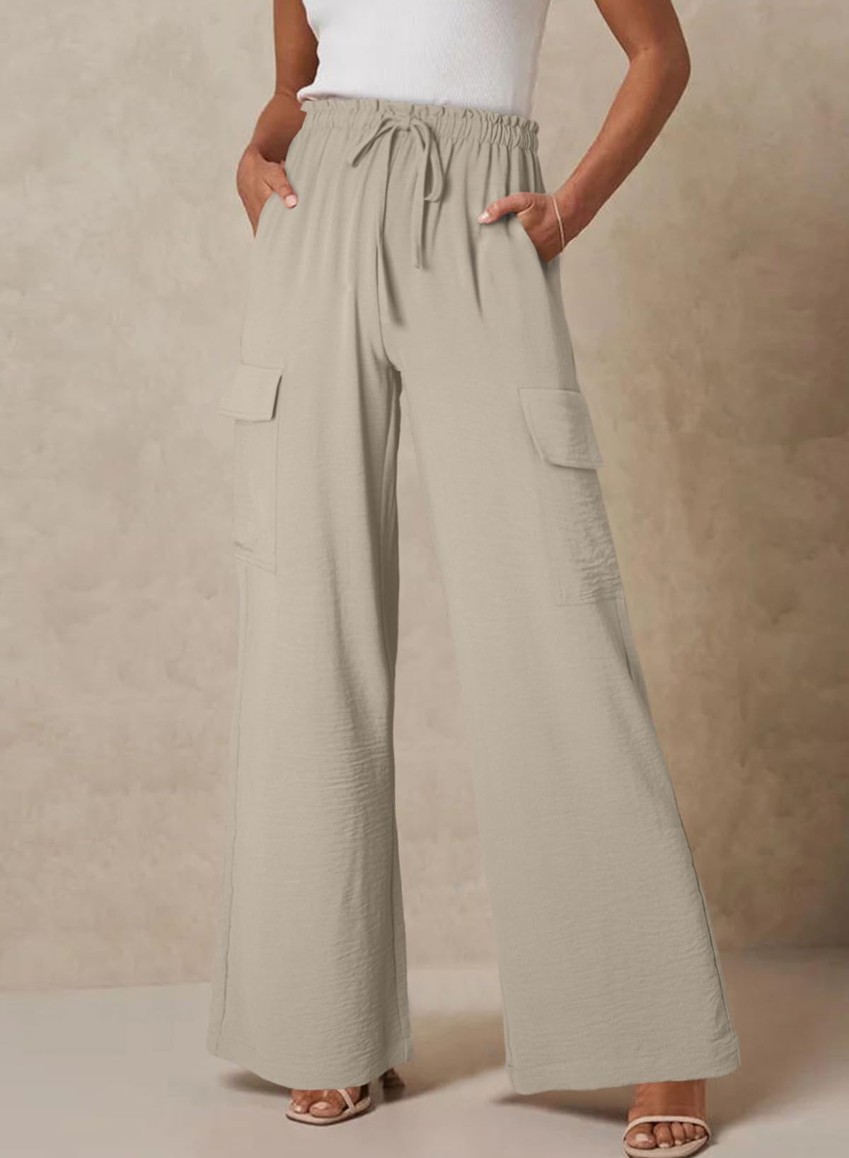 Foto 3 pulgar | Pantalones Evaless Flowy Para Mujer, Casual, Cintura Alta, Color Beige - Venta Internacional.