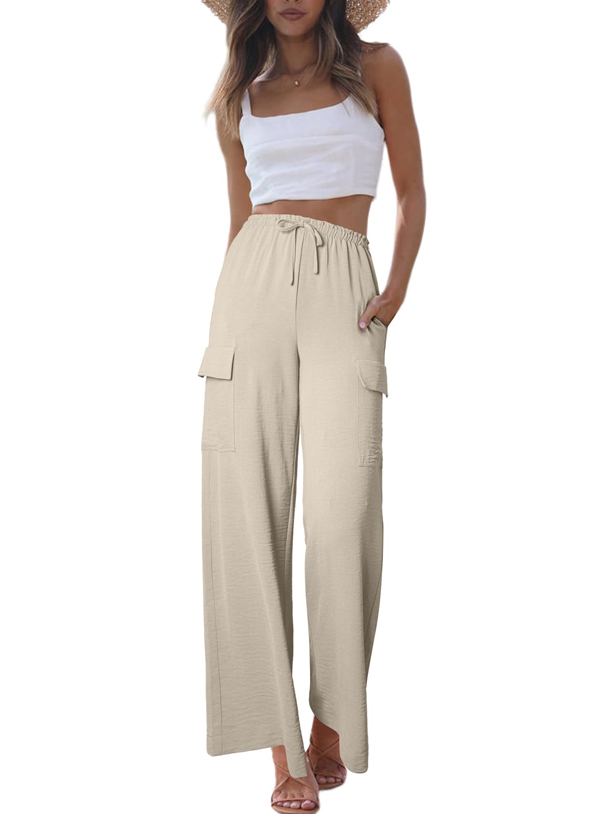 Foto 6 pulgar | Pantalones Evaless Flowy Para Mujer, Casual, Cintura Alta, Color Beige - Venta Internacional.