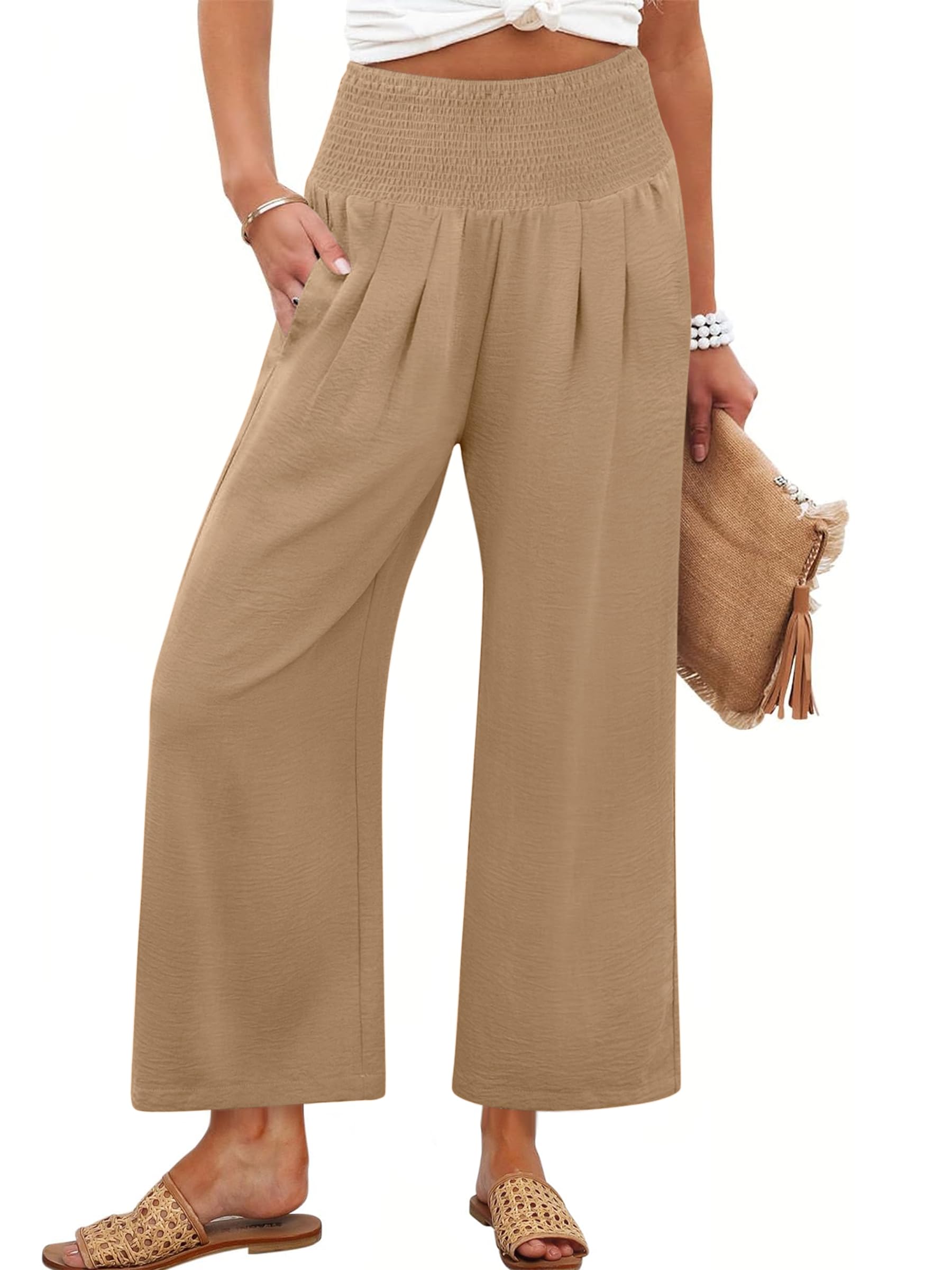 Pantalones Palazzo Anrabess Para Mujer, Cintura Alta, Pierna Ancha, Color Caqui - Venta Internacional.