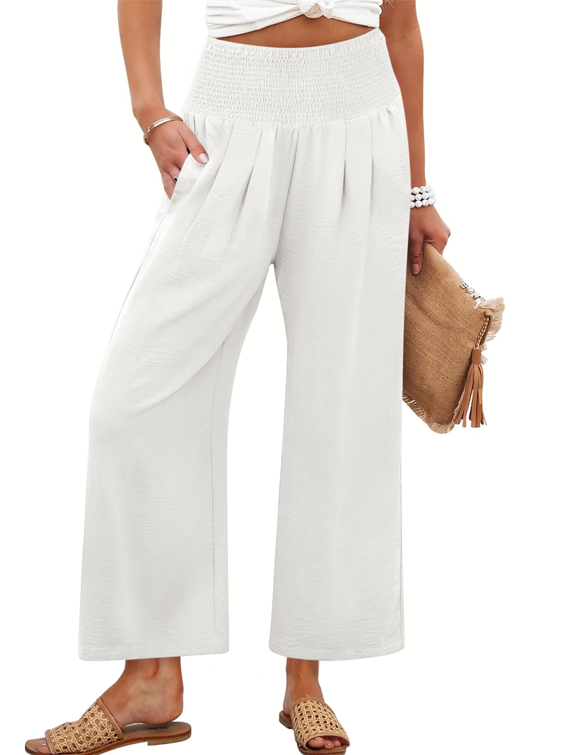 Foto 1 | Pantalones Palazzo Anrabess Blancos De Cintura Alta Y Pierna Ancha Para Mujer - Venta Internacional.