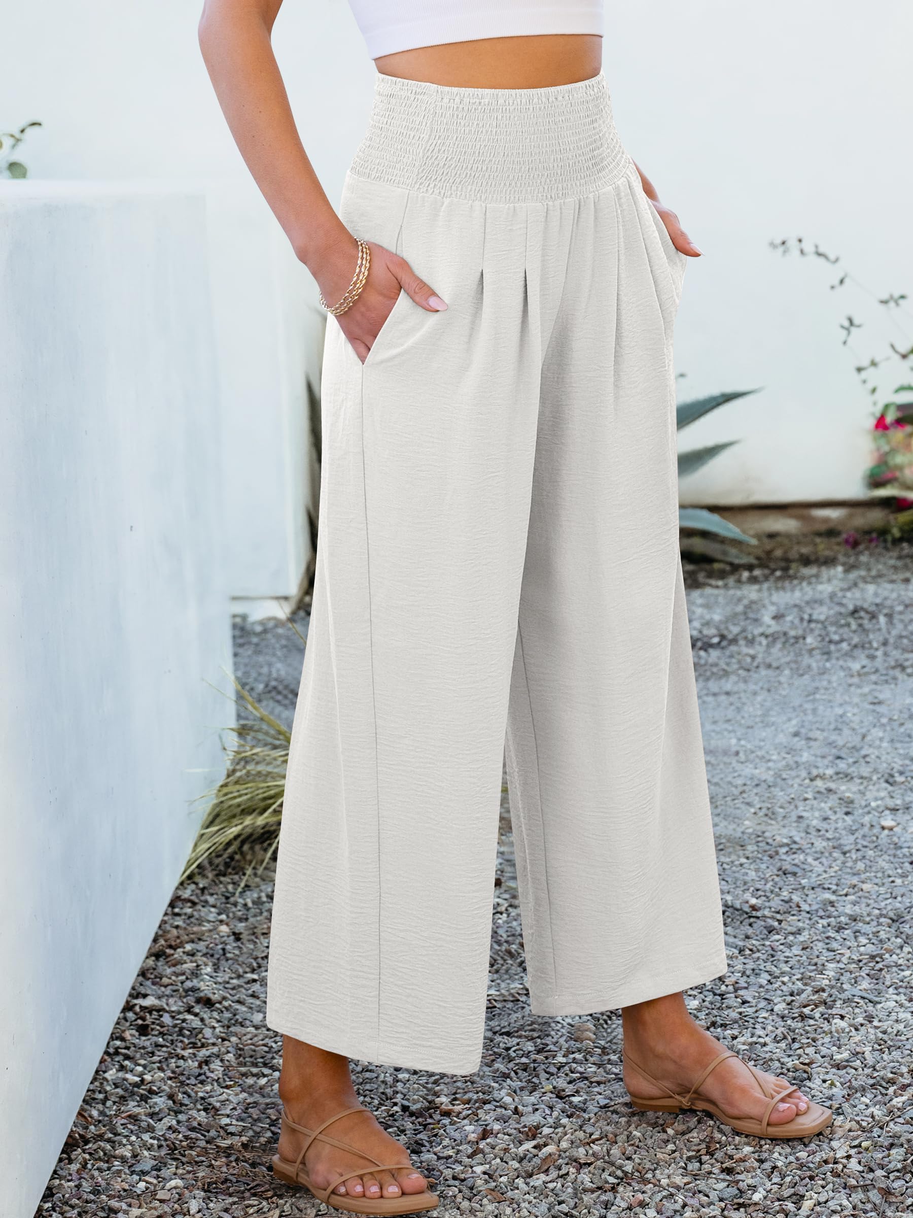Foto 7 pulgar | Pantalones Palazzo Anrabess Blancos De Cintura Alta Y Pierna Ancha Para Mujer - Venta Internacional.