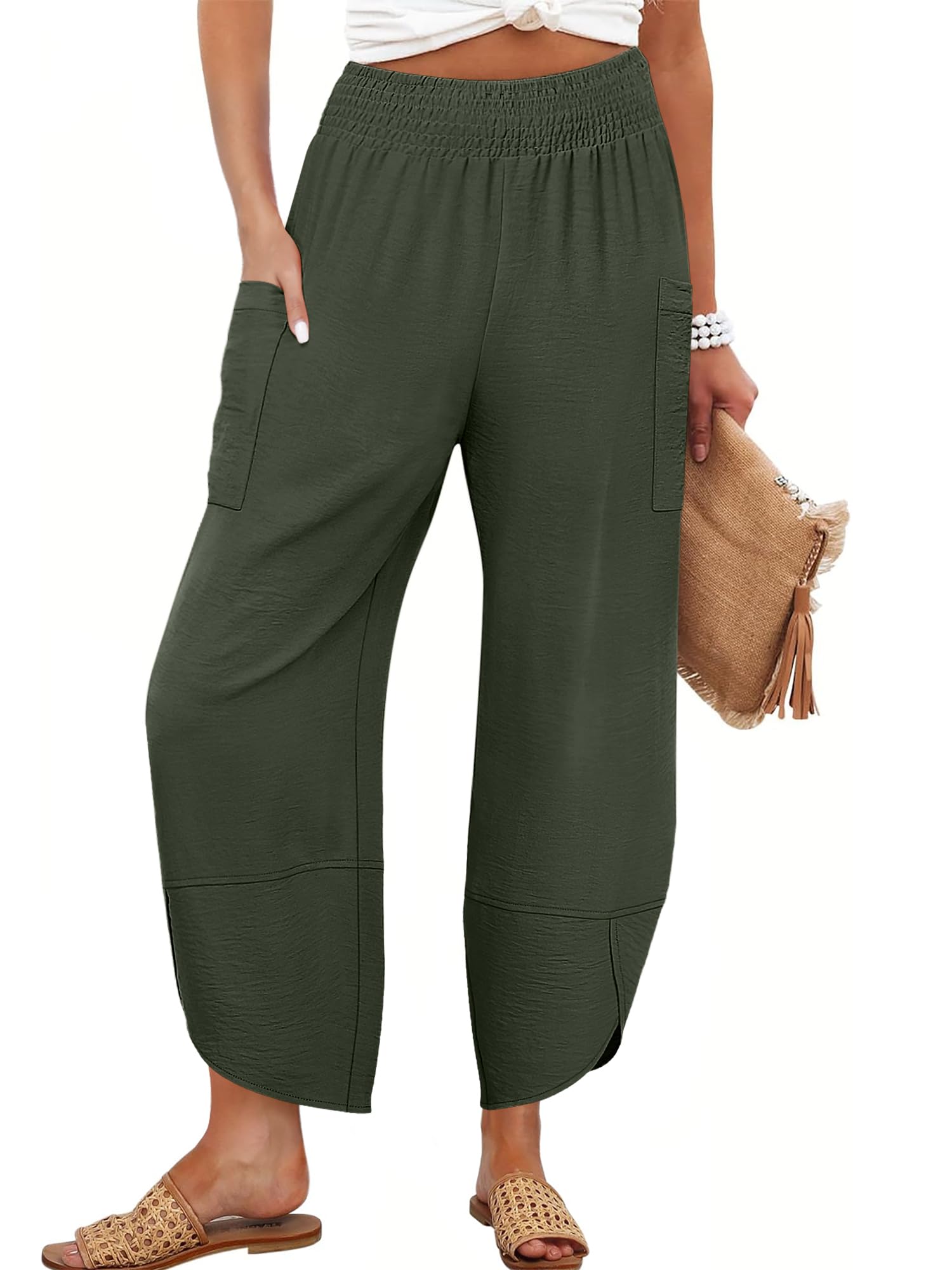 Foto 2 pulgar | Pantalones Capri Anrabess Palazzo De Pierna Ancha Para Mujer, Color Verde Oscuro - Venta Internacional.
