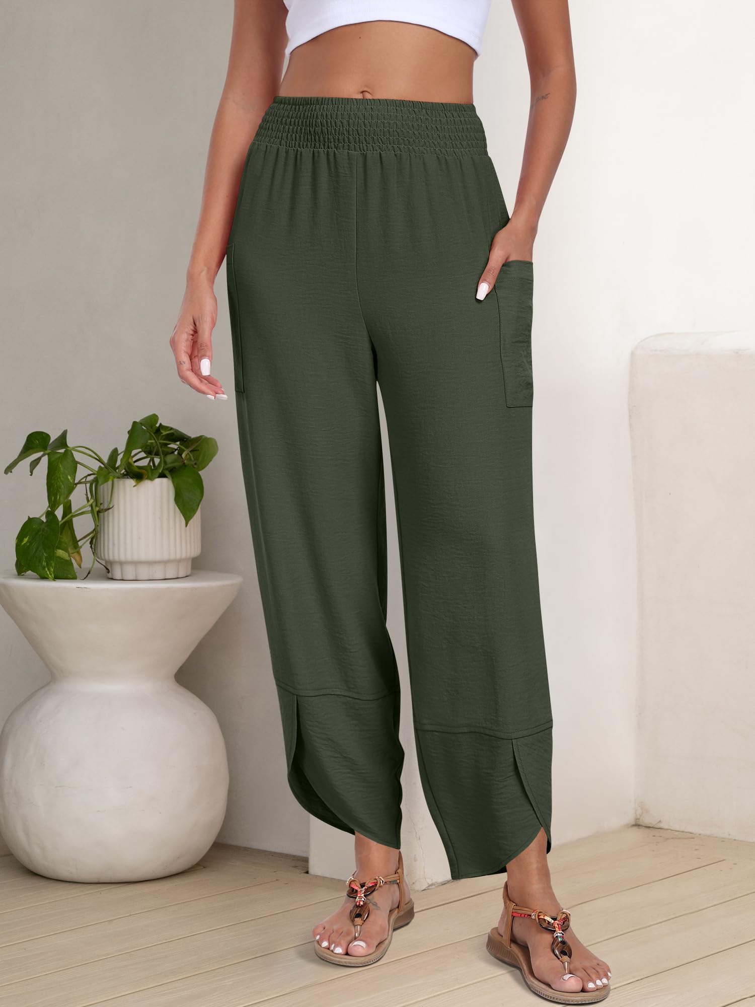 Foto 4 pulgar | Pantalones Capri Anrabess Palazzo De Pierna Ancha Para Mujer, Color Verde Oscuro - Venta Internacional.