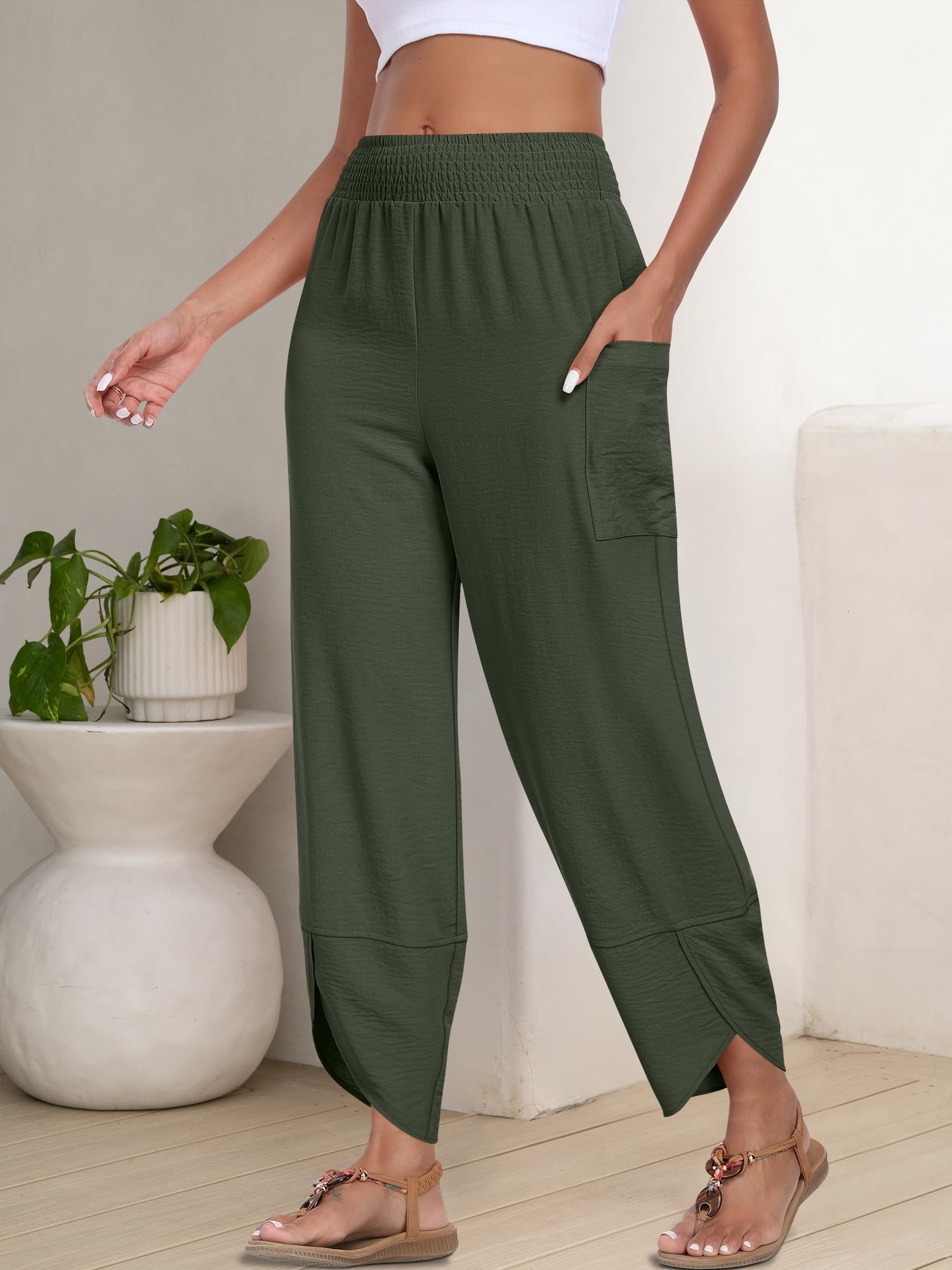 Foto 5 pulgar | Pantalones Capri Anrabess Palazzo De Pierna Ancha Para Mujer, Color Verde Oscuro - Venta Internacional.
