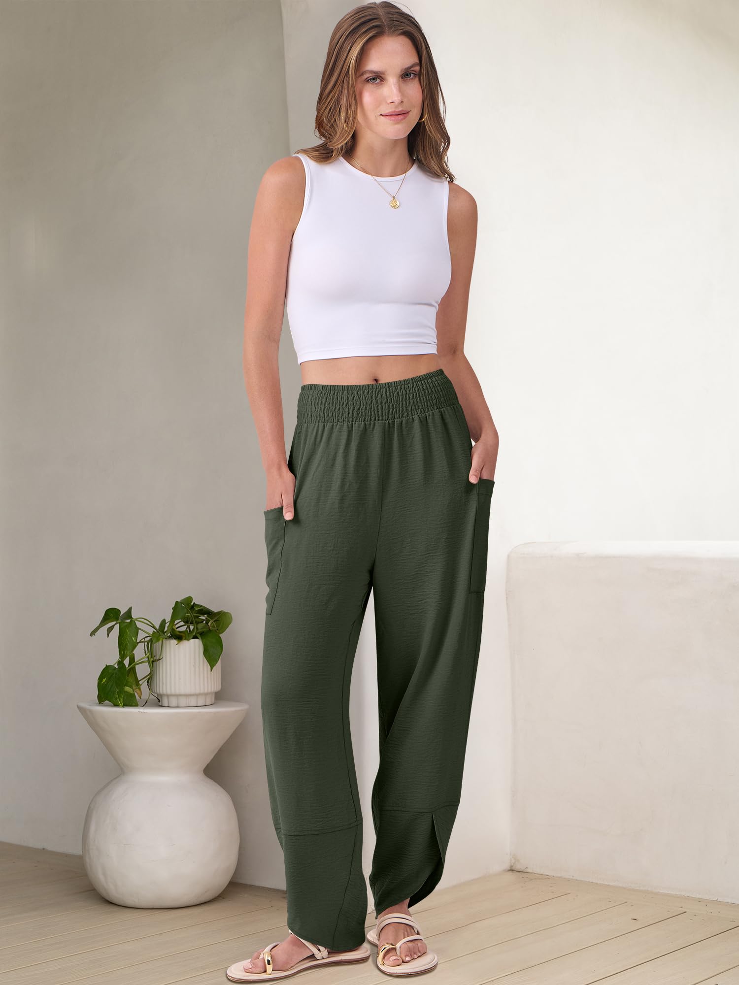 Foto 6 | Pantalones Capri Anrabess Palazzo De Pierna Ancha Para Mujer, Color Verde Oscuro - Venta Internacional.
