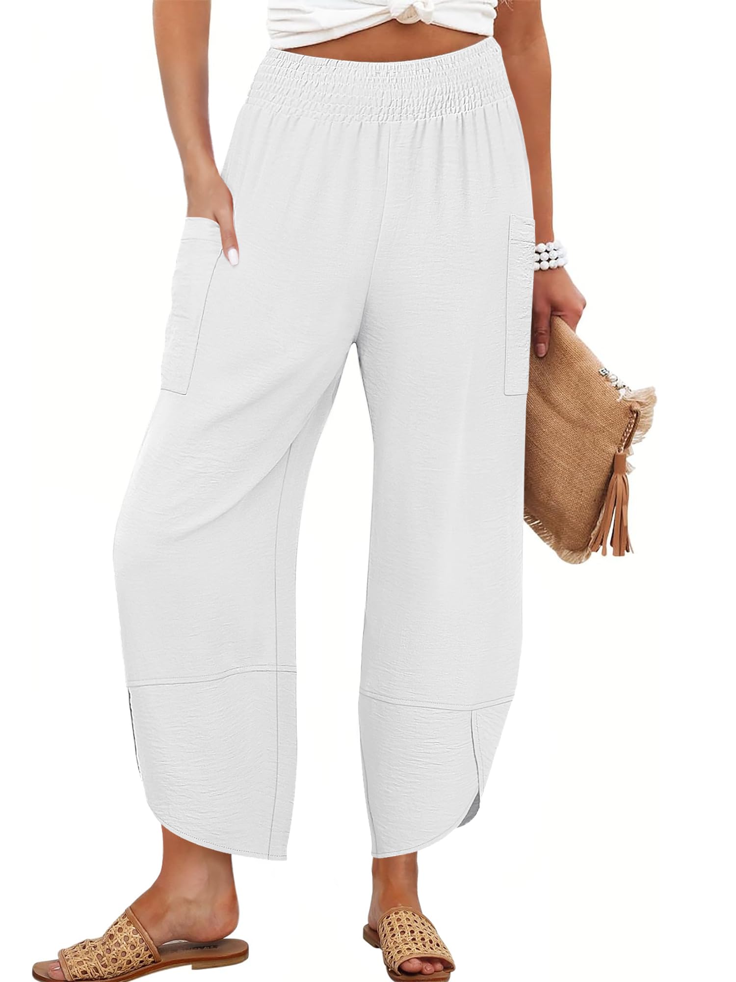 Foto 2 pulgar | Pantalones Capri Anrabess Palazzo Summer White De Pierna Ancha Para Mujer - Venta Internacional.