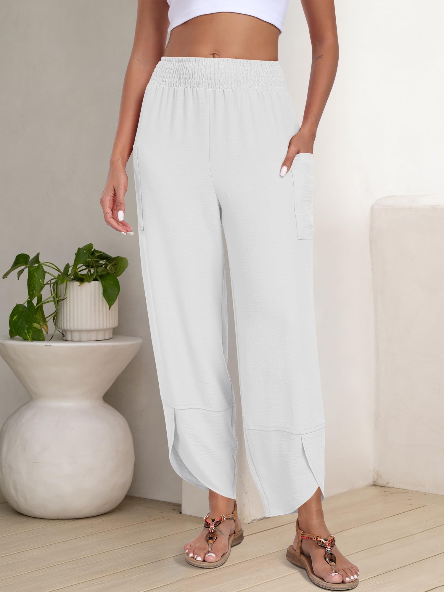 Foto 4 pulgar | Pantalones Capri Anrabess Palazzo Summer White De Pierna Ancha Para Mujer - Venta Internacional.