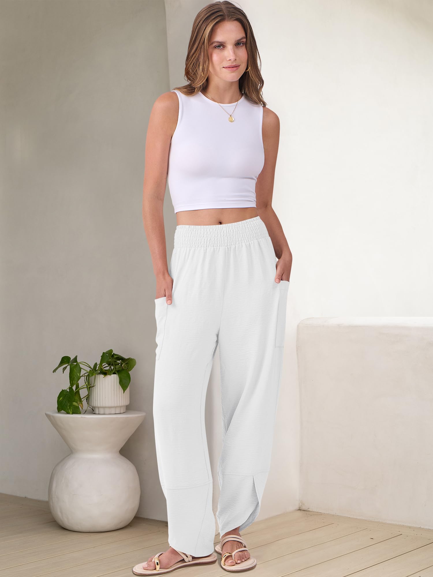 Foto 7 pulgar | Pantalones Capri Anrabess Palazzo Summer White De Pierna Ancha Para Mujer - Venta Internacional.