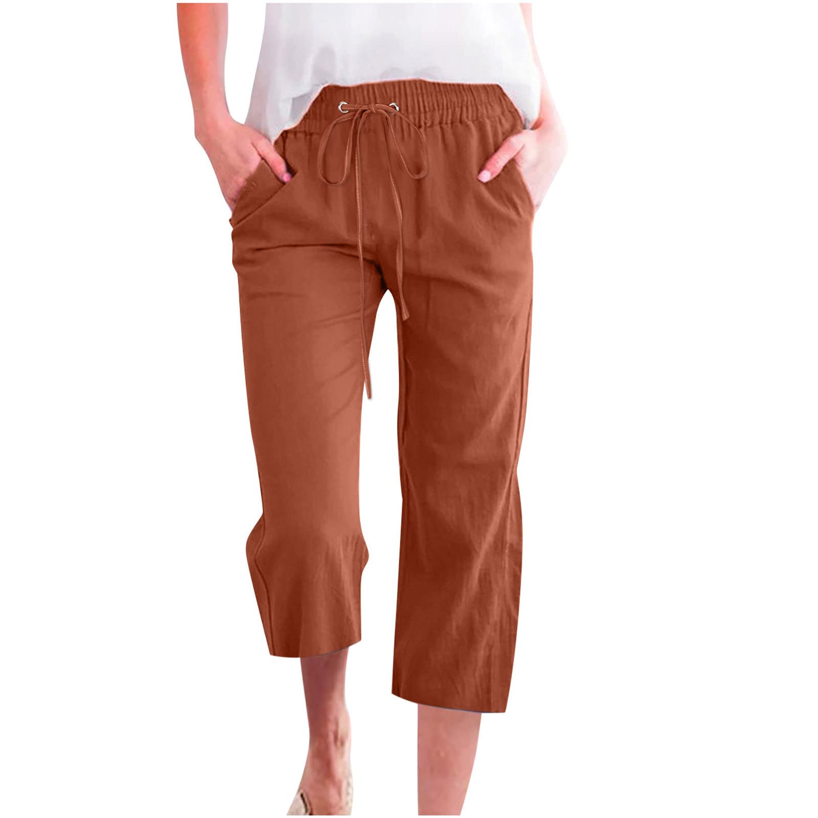 Foto 2 pulgar | Pantalones Capris Para Mujer, Algodón Y Lino, Holgados, Para Verano, B01, Color Café - Venta Internacional.