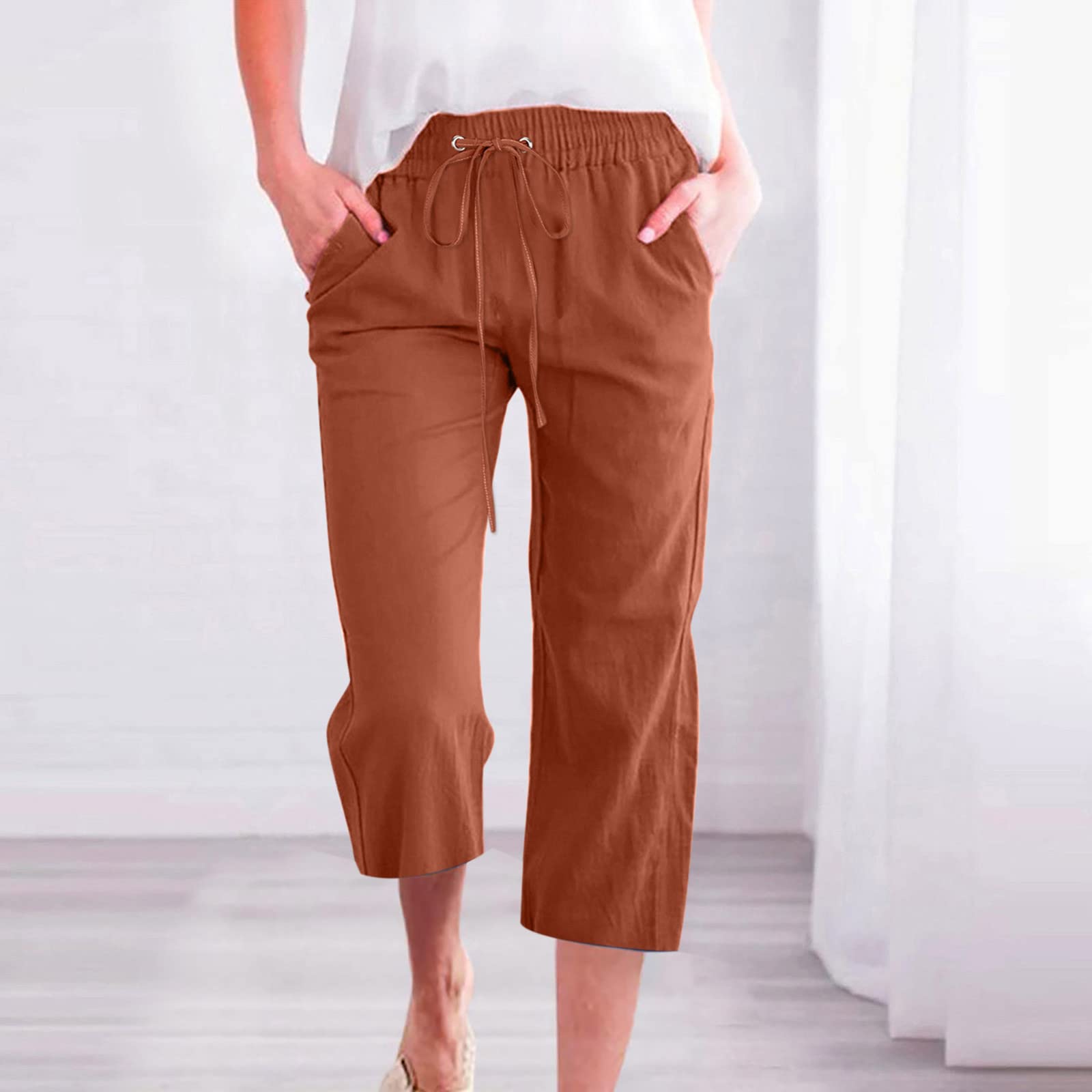 Foto 3 pulgar | Pantalones Capris Para Mujer, Algodón Y Lino, Holgados, Para Verano, B01, Color Café - Venta Internacional.