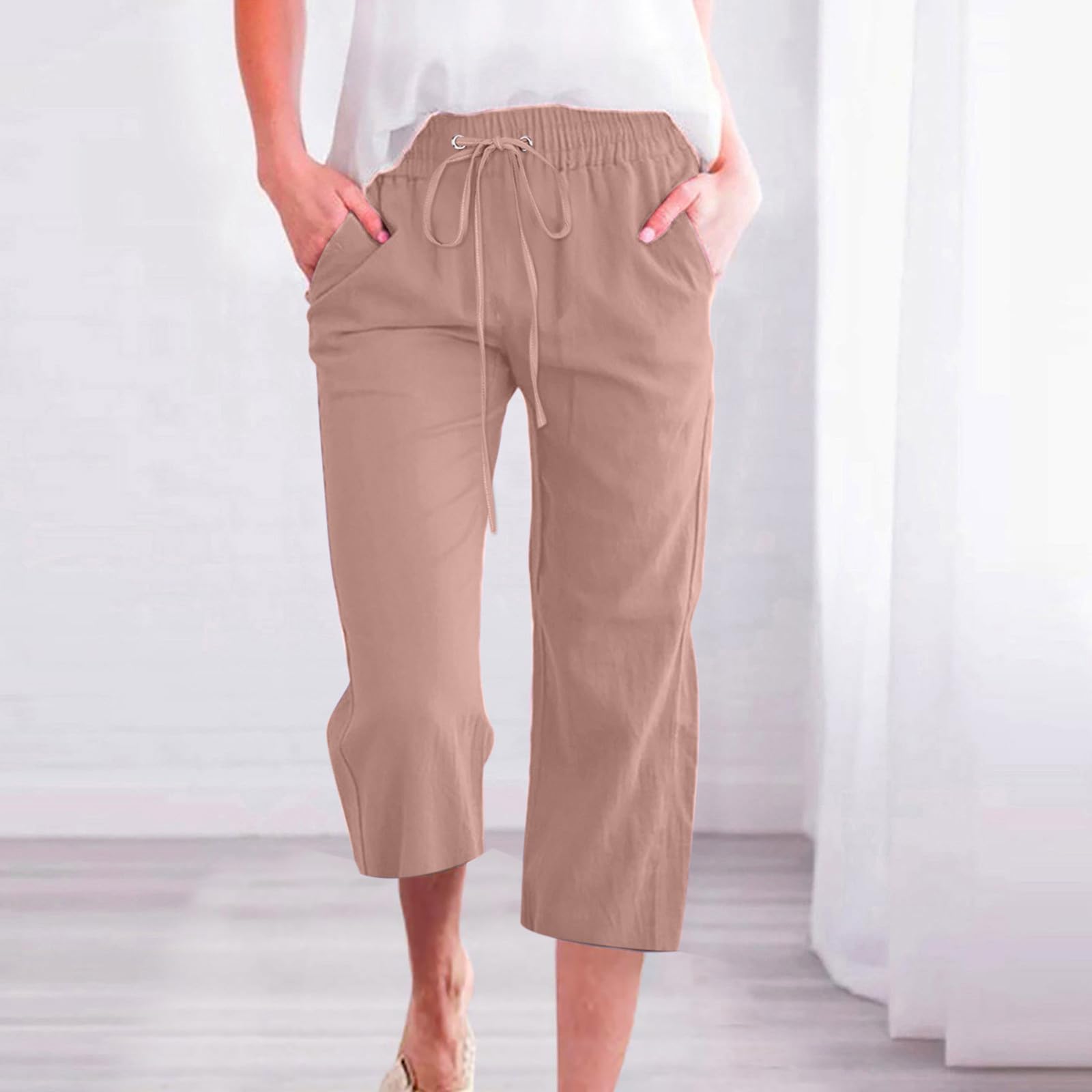 Foto 2 | Pantalones Capris Para Mujer, Lino Y Algodón, Cintura Holgada Con Cordón, E05 - Venta Internacional.