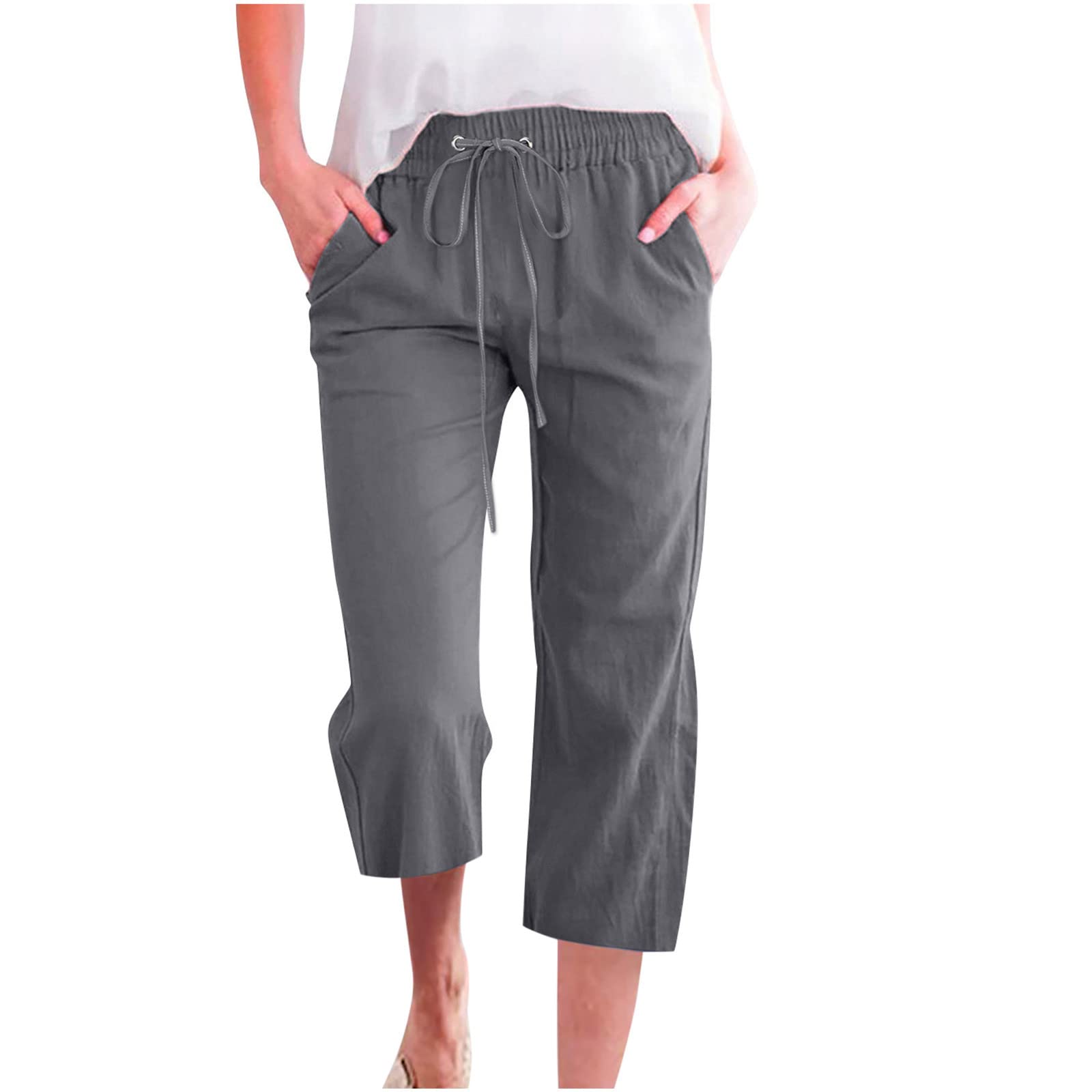 Foto 2 pulgar | Pantalones Capri Para Mujer, Algodón Y Lino, Recto, Pernera Ancha, Gris Oscuro - Venta Internacional.