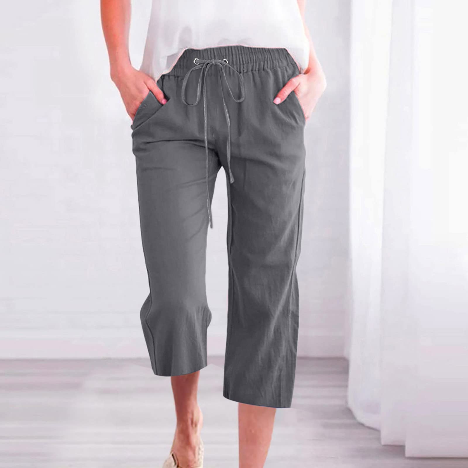 Foto 3 pulgar | Pantalones Capri Para Mujer, Algodón Y Lino, Recto, Pernera Ancha, Gris Oscuro - Venta Internacional.