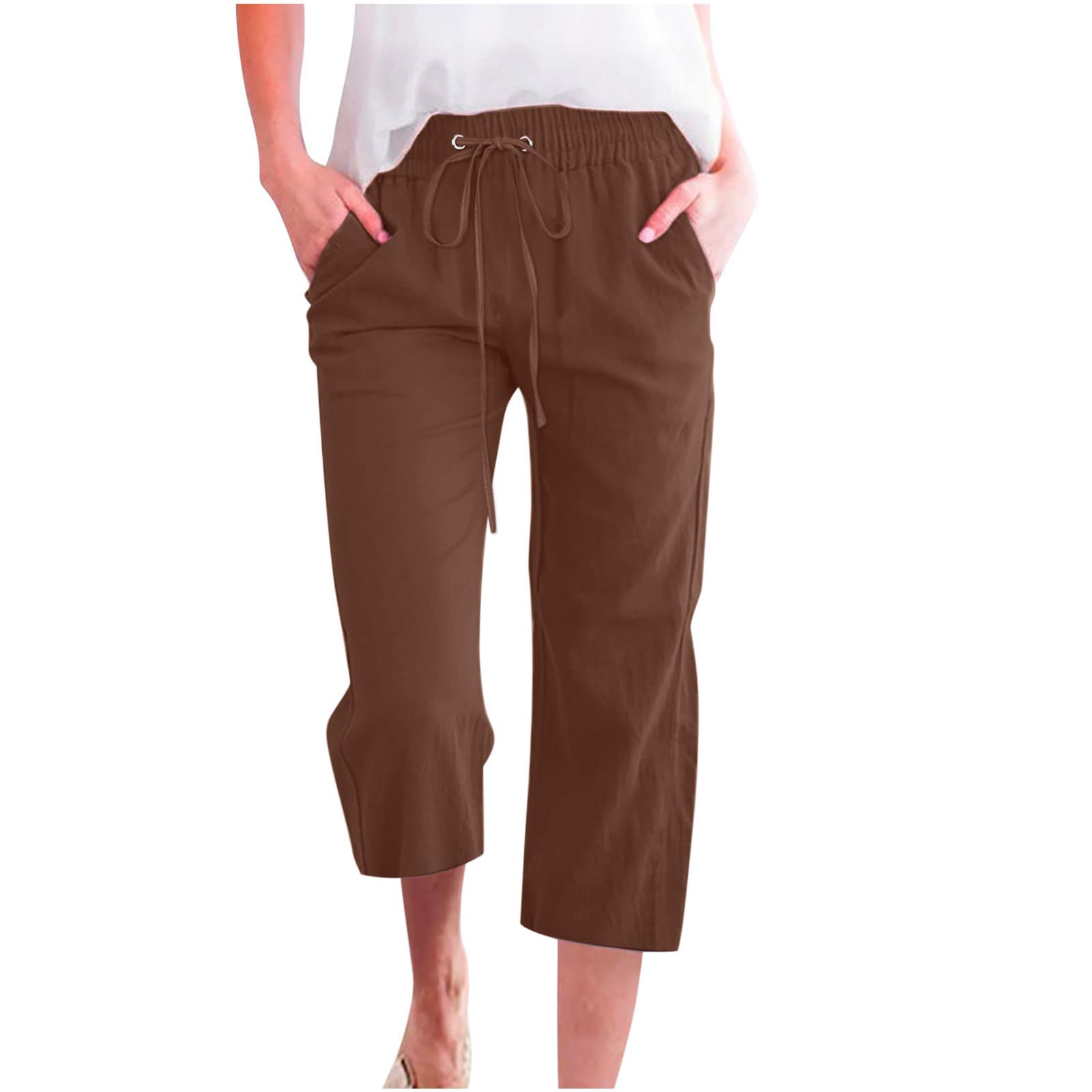 Foto 2 pulgar | Pantalones Capri Para Mujer, Algodón Y Lino, Cintura Holgada Con Cordón, Color Marrón - Venta Internacional.