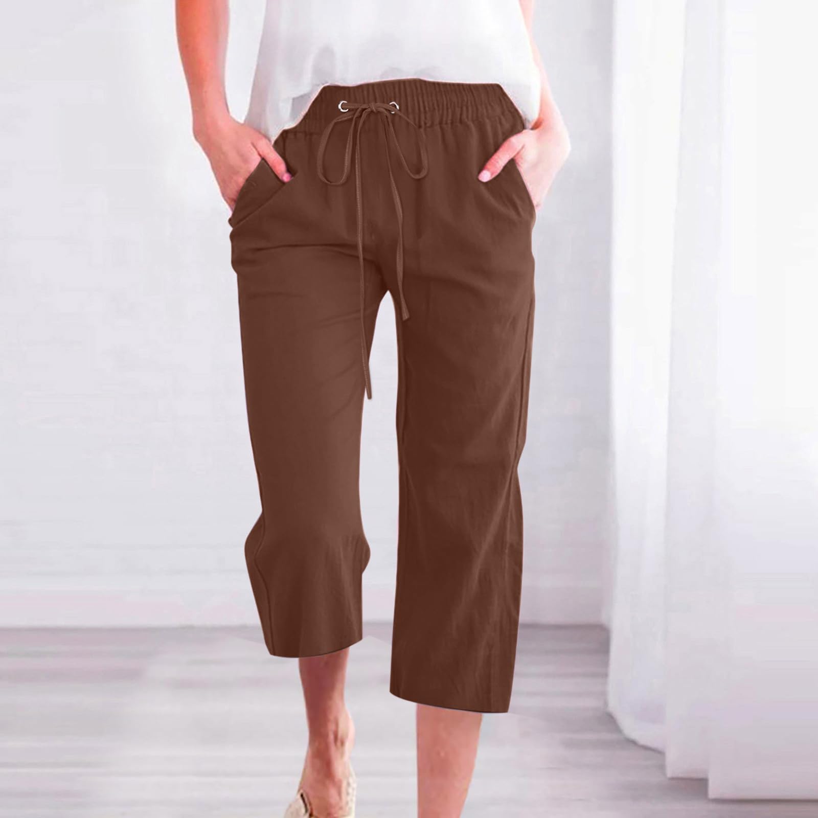Foto 3 pulgar | Pantalones Capri Para Mujer, Algodón Y Lino, Cintura Holgada Con Cordón, Color Marrón - Venta Internacional.