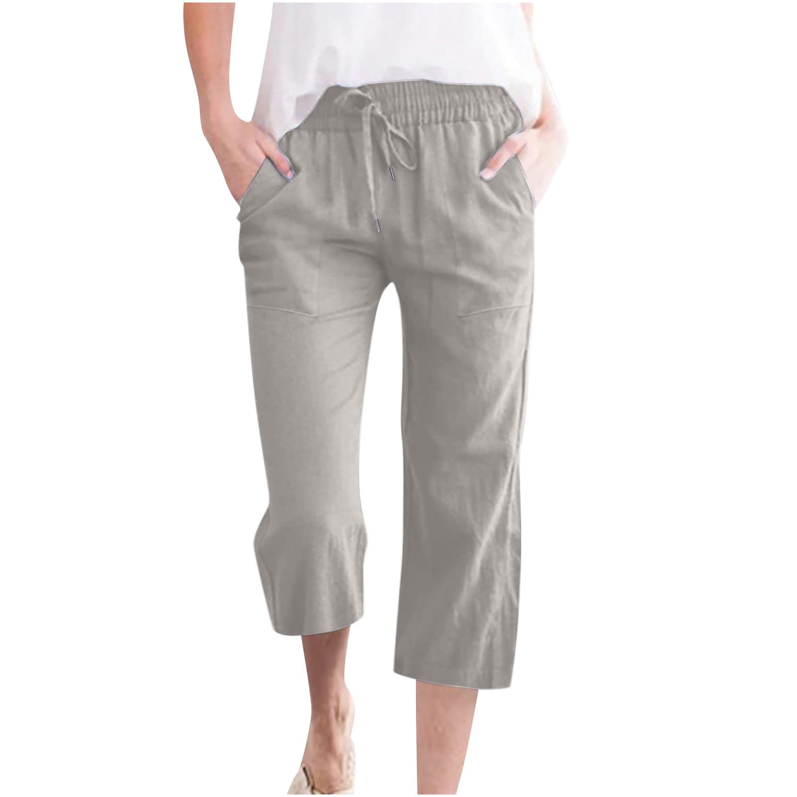 Foto 2 pulgar | Pantalones Capri Casuales De Verano Para Mujer, Elásticos, Cintura Alta, Lino - Venta Internacional.