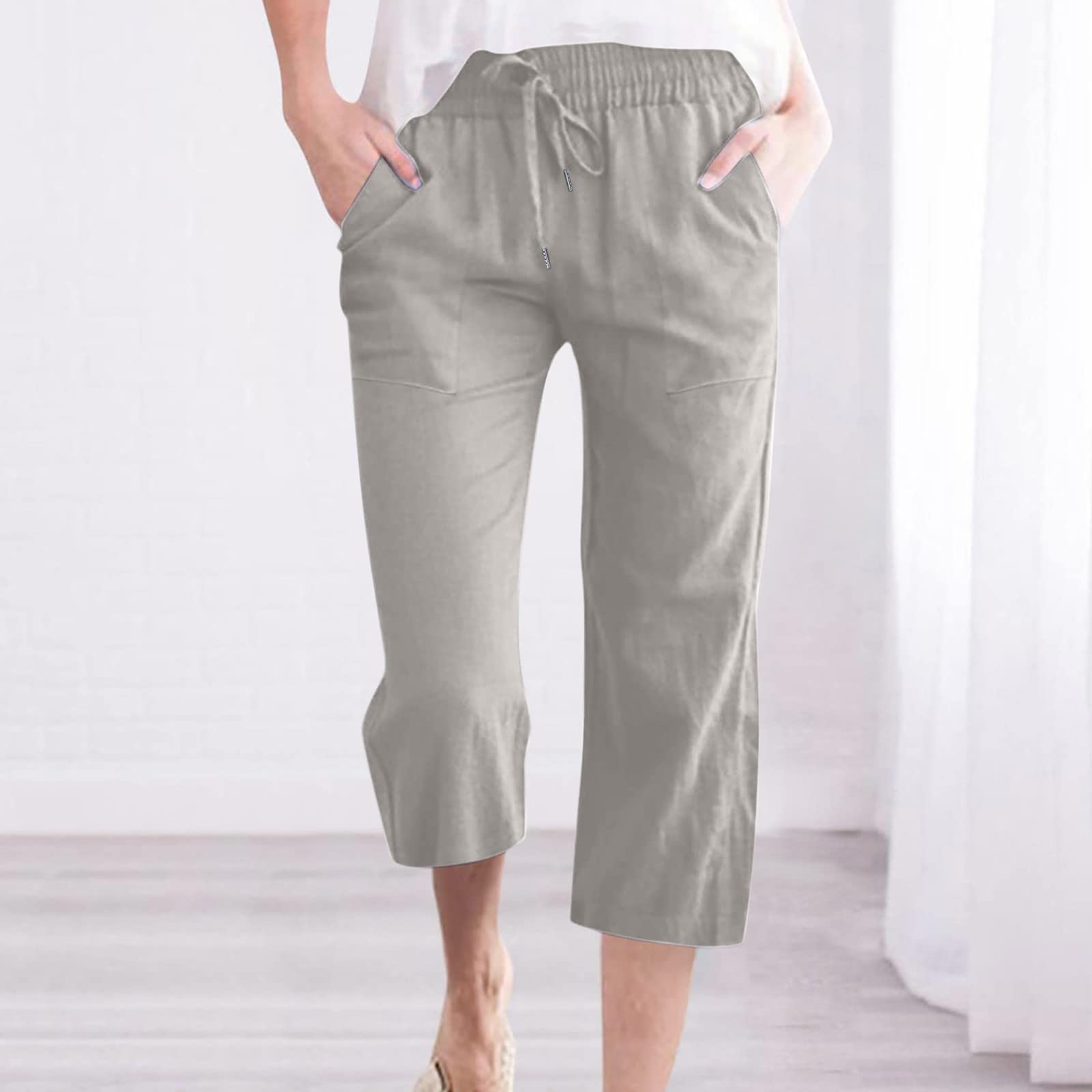 Foto 3 pulgar | Pantalones Capri Casuales De Verano Para Mujer, Elásticos, Cintura Alta, Lino - Venta Internacional.
