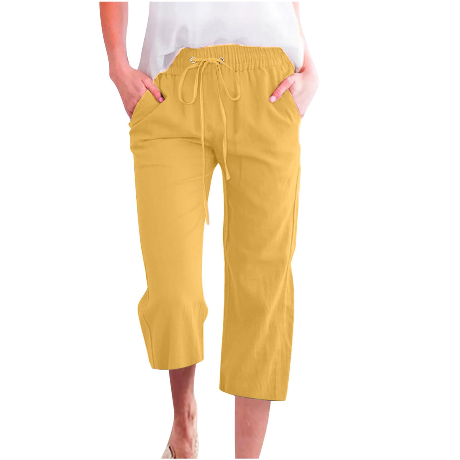 Foto 2 pulgar | Pantalones Capri Prime Deals En Liquidación Para Mujer, Lino Amarillo - Venta Internacional.