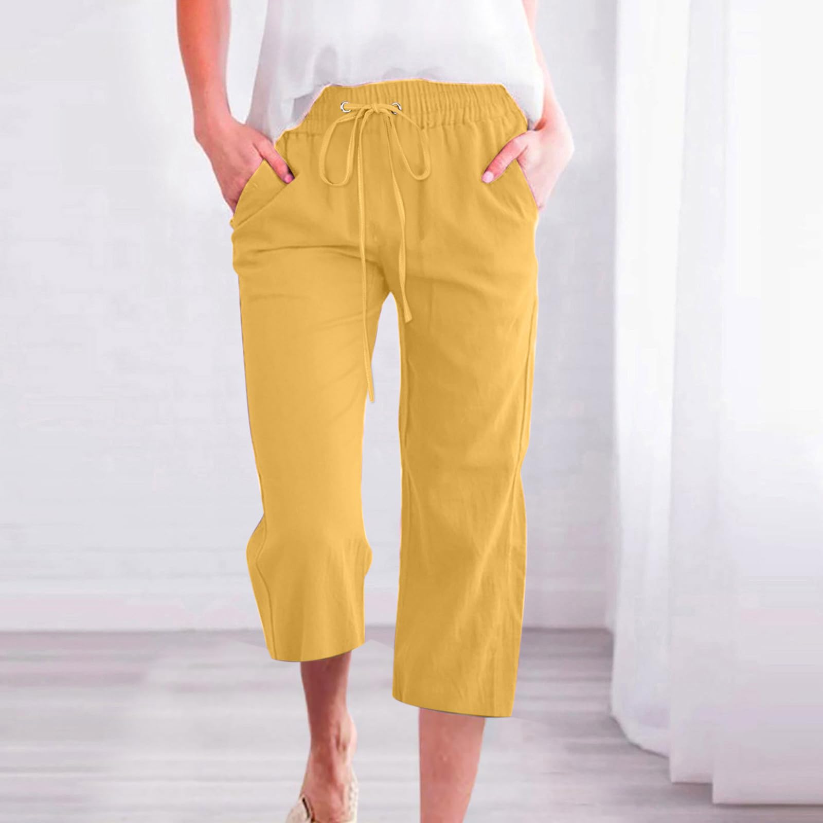 Foto 3 pulgar | Pantalones Capri Prime Deals En Liquidación Para Mujer, Lino Amarillo - Venta Internacional.
