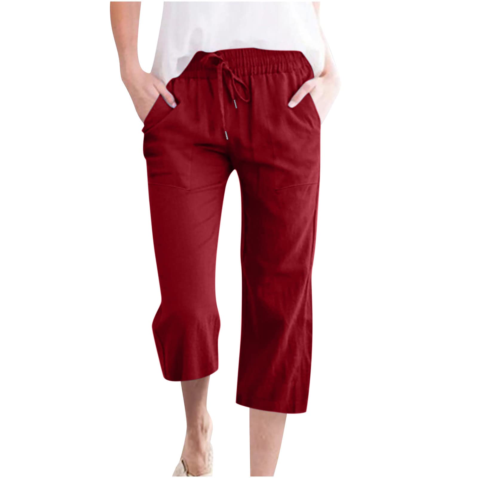 Foto 2 pulgar | Pantalones Capri Para Mujer, Algodón Y Lino, Casual, Verano, Color Rojo C07, Talla L - Venta Internacional.